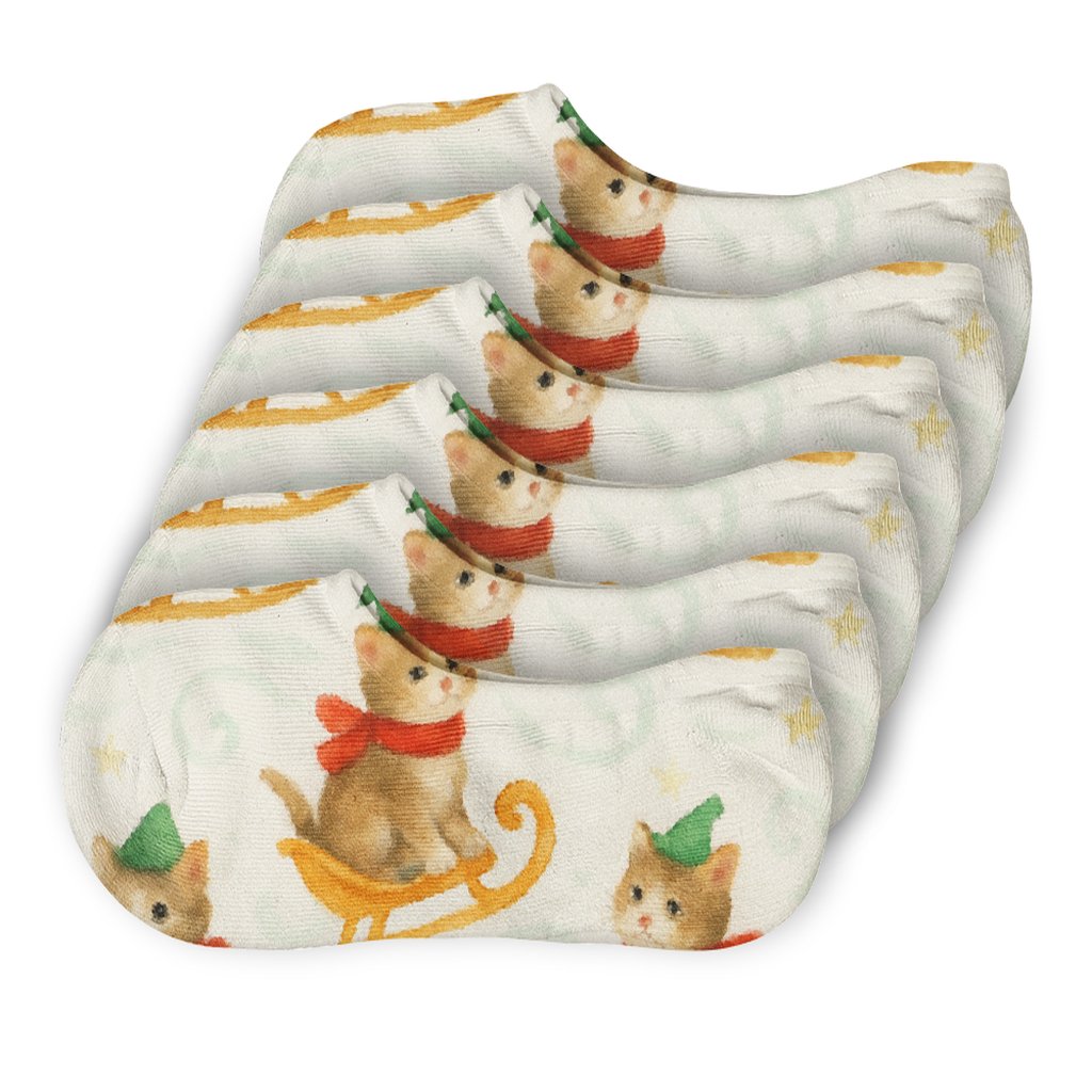 Watercolor Sleigh Ride Kittens Scatter On Soft White personalized invisible socks