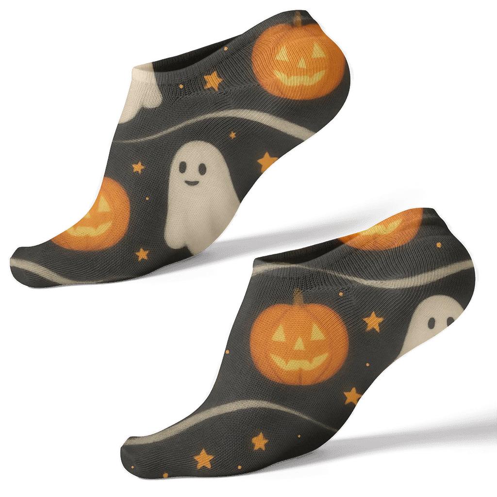Ghost Drift And Pumpkin Glow Bands On Black Background designer print ankle socks