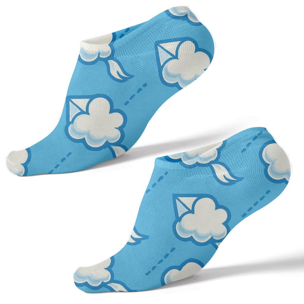 Playful Kite Clouds Over Bright Sky Grid unique graphic ankle socks