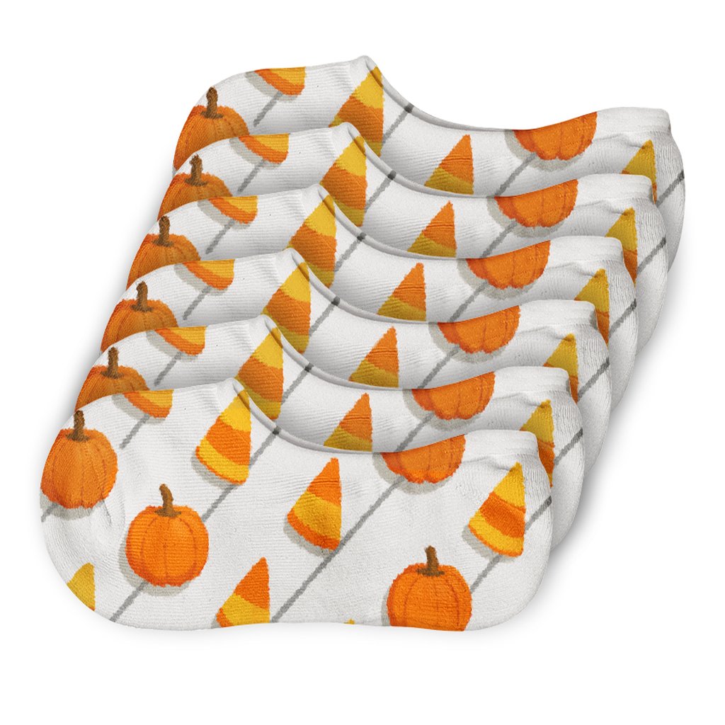 Candy Corn And Pumpkin Diagonal Weave On White Background personalized invisible socks