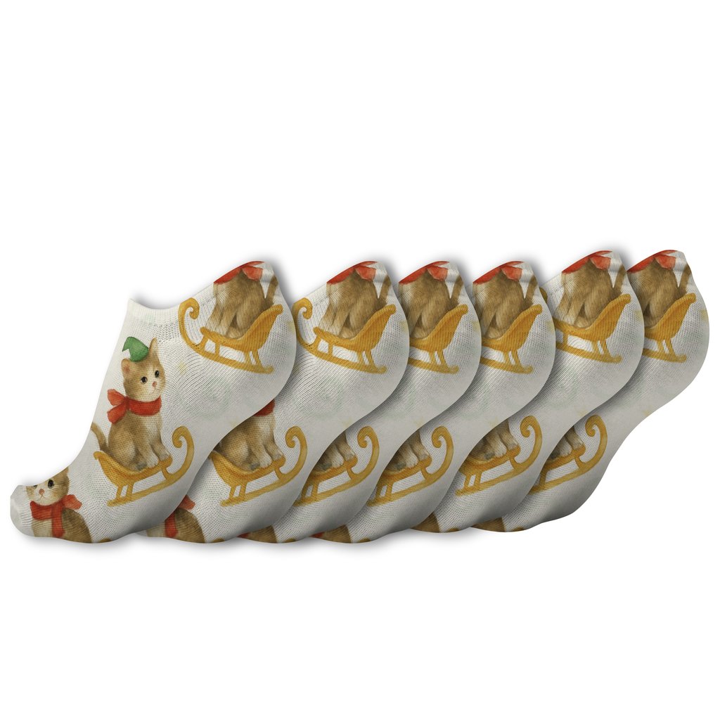 Watercolor Sleigh Ride Kittens Scatter On Soft White designer print ankle socks