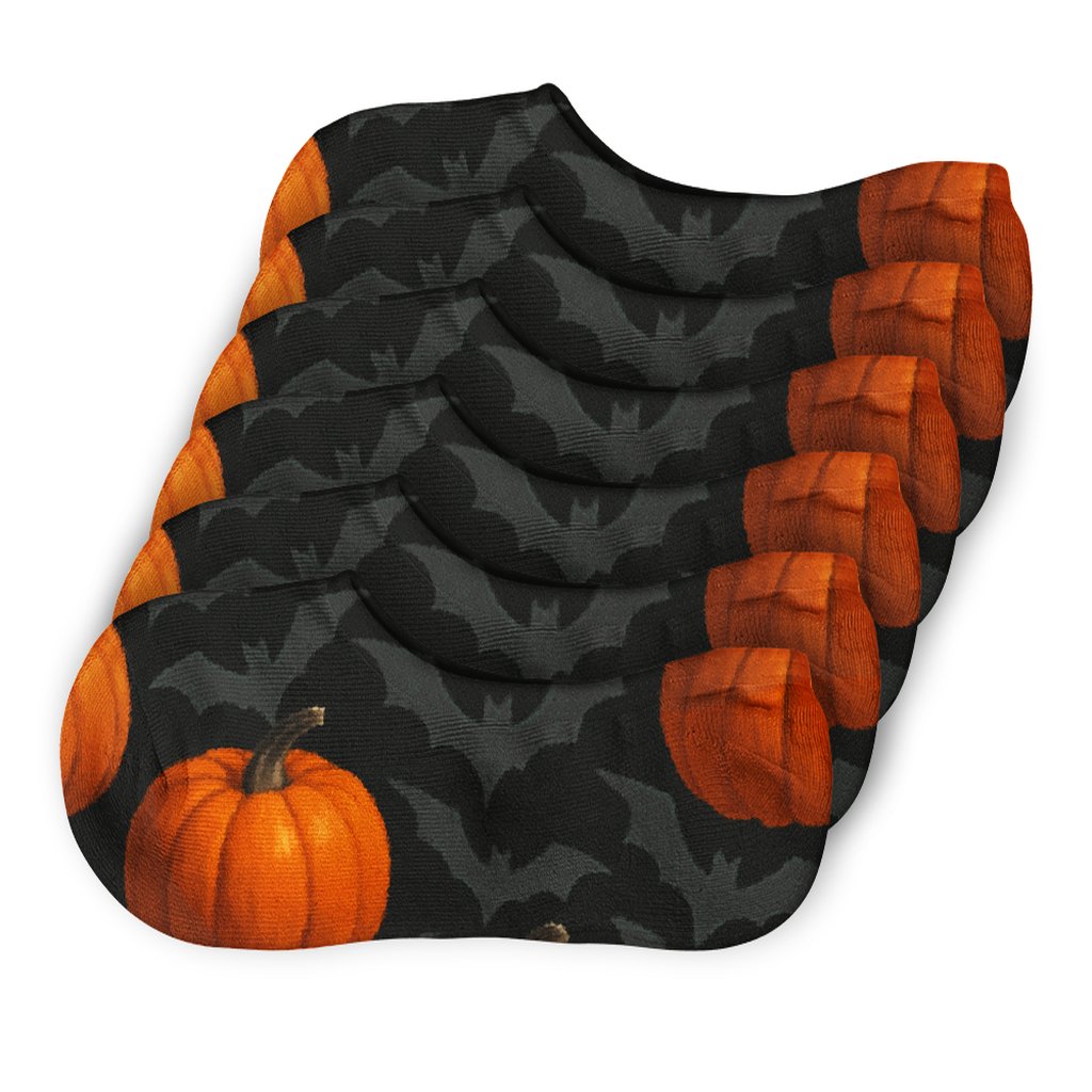 Harvest Pumpkins And Bat Silhouettes On Black Background personalized no-show socks
