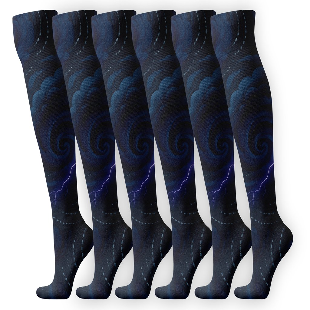 Twilight Storm Spiral On Charcoal Sky stylish athletic knee-high socks