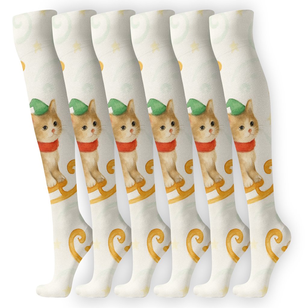 Watercolor Sleigh Ride Kittens Scatter On Soft White comfortable cotton knee-high socks