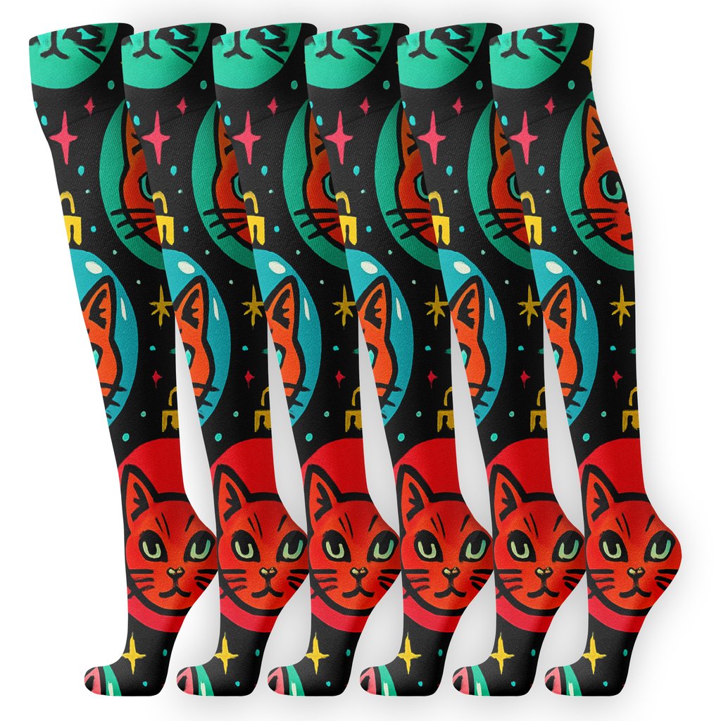 Pop Art Ornament Cats Tessellation On Black Night comfortable cotton knee-high socks