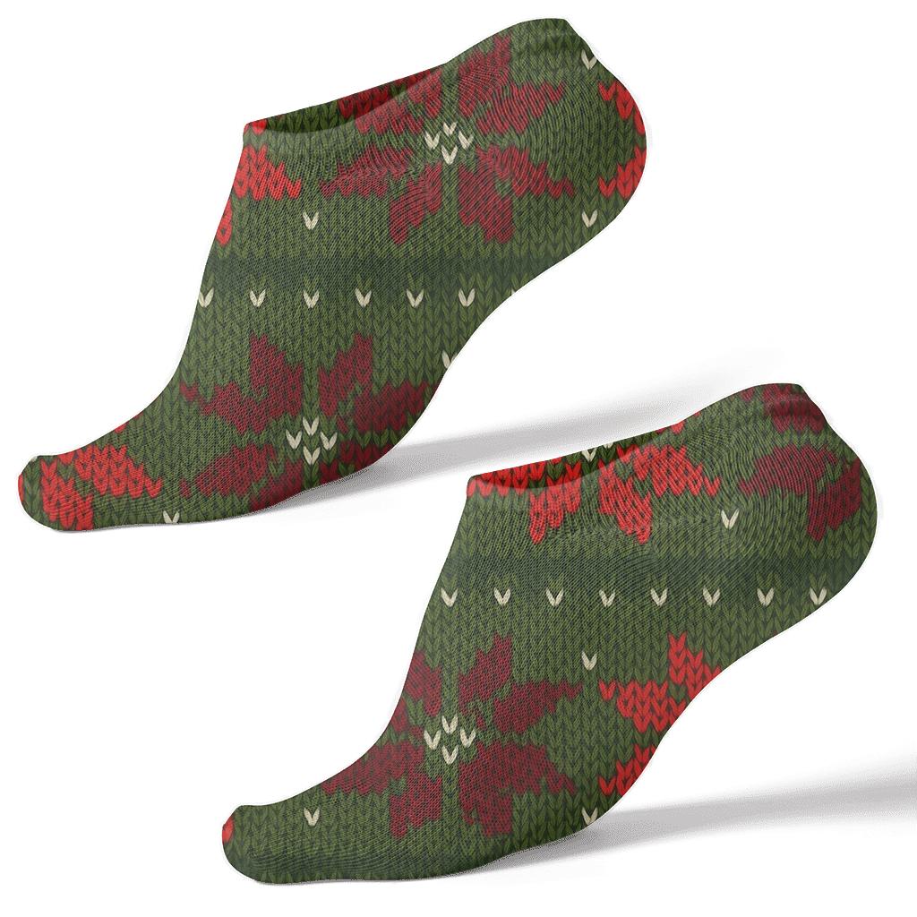 Knitted Poinsettia Fair Isle On Moss Green trendy patterned ankle socks