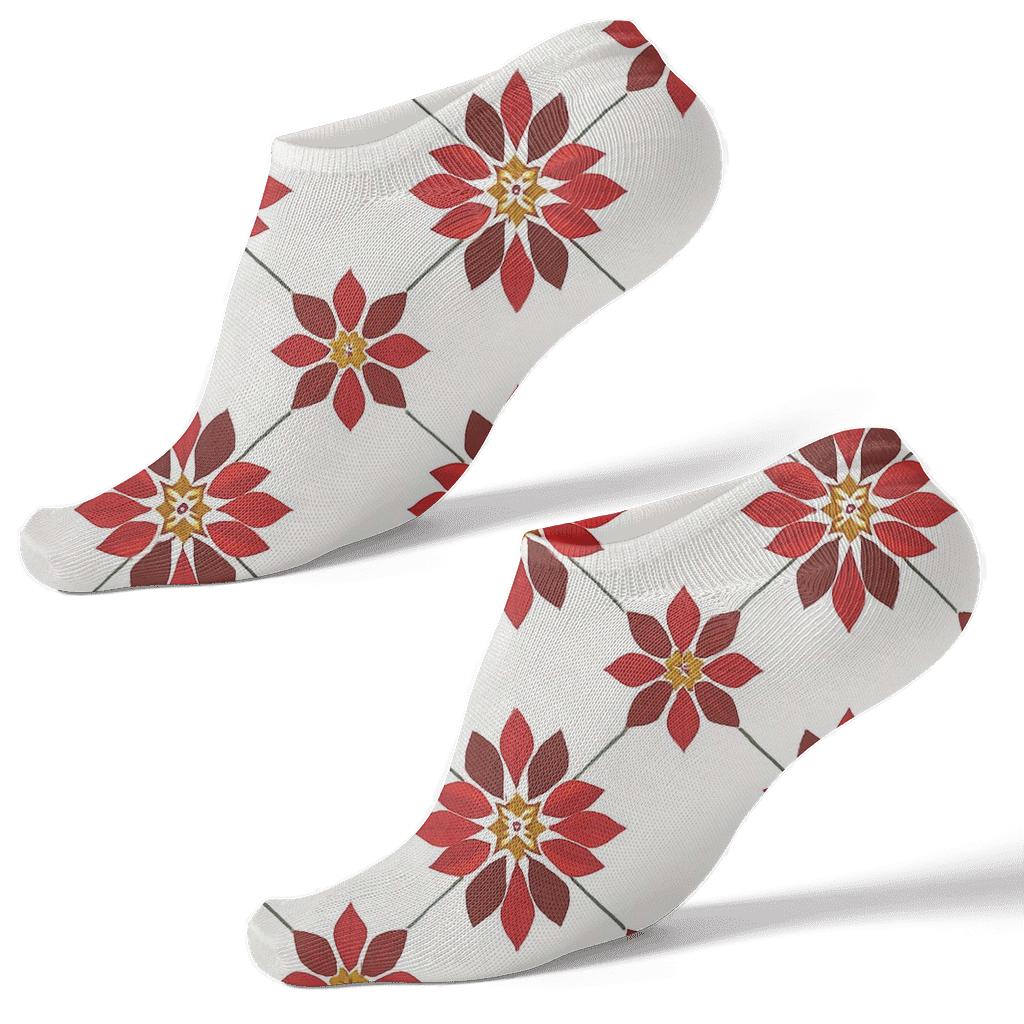 Poinsettia Cyathia Medallion Grid On Winter White custom ankle socks