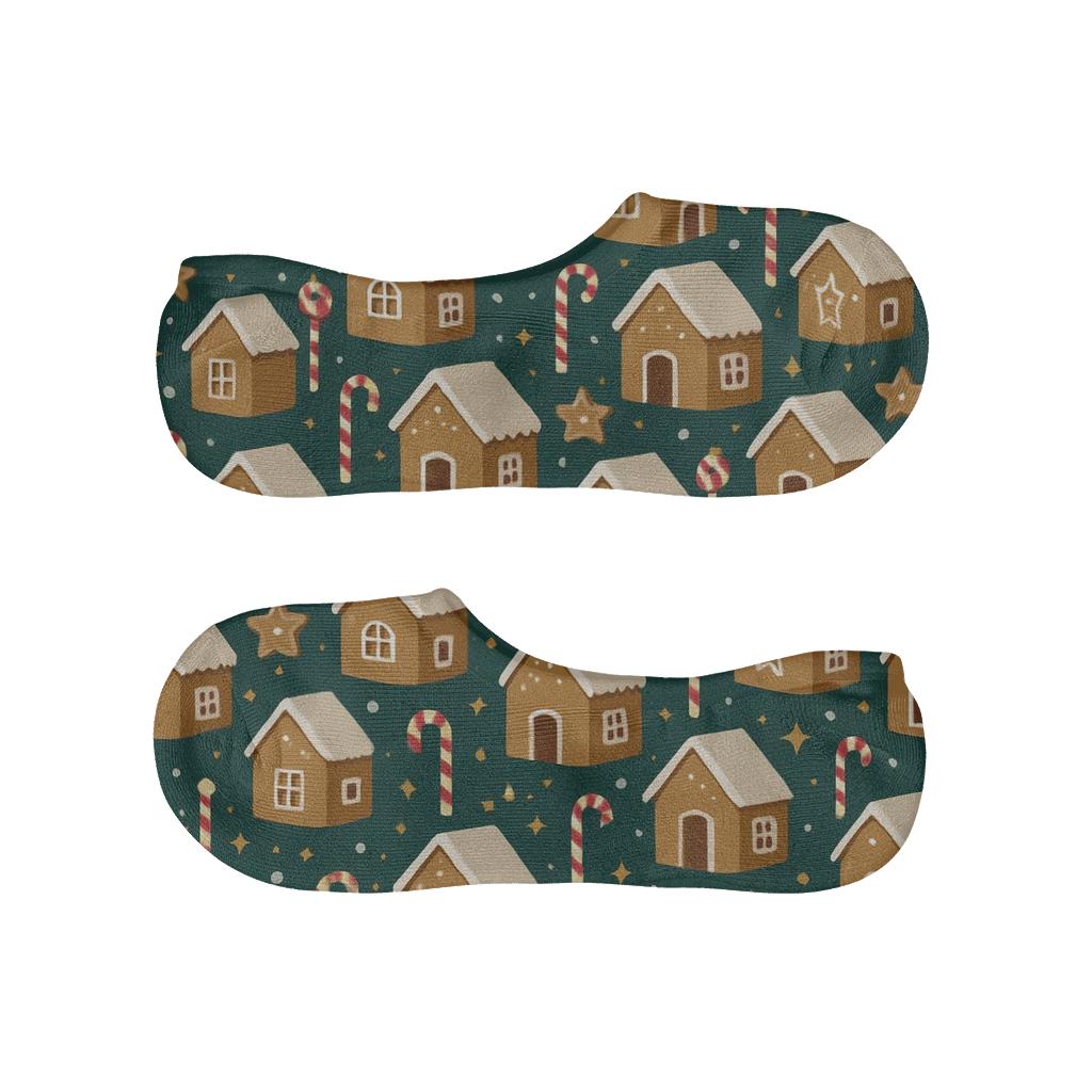 Gingerbread Village Holiday Tiling On Midnight Green comfortable invisible socks