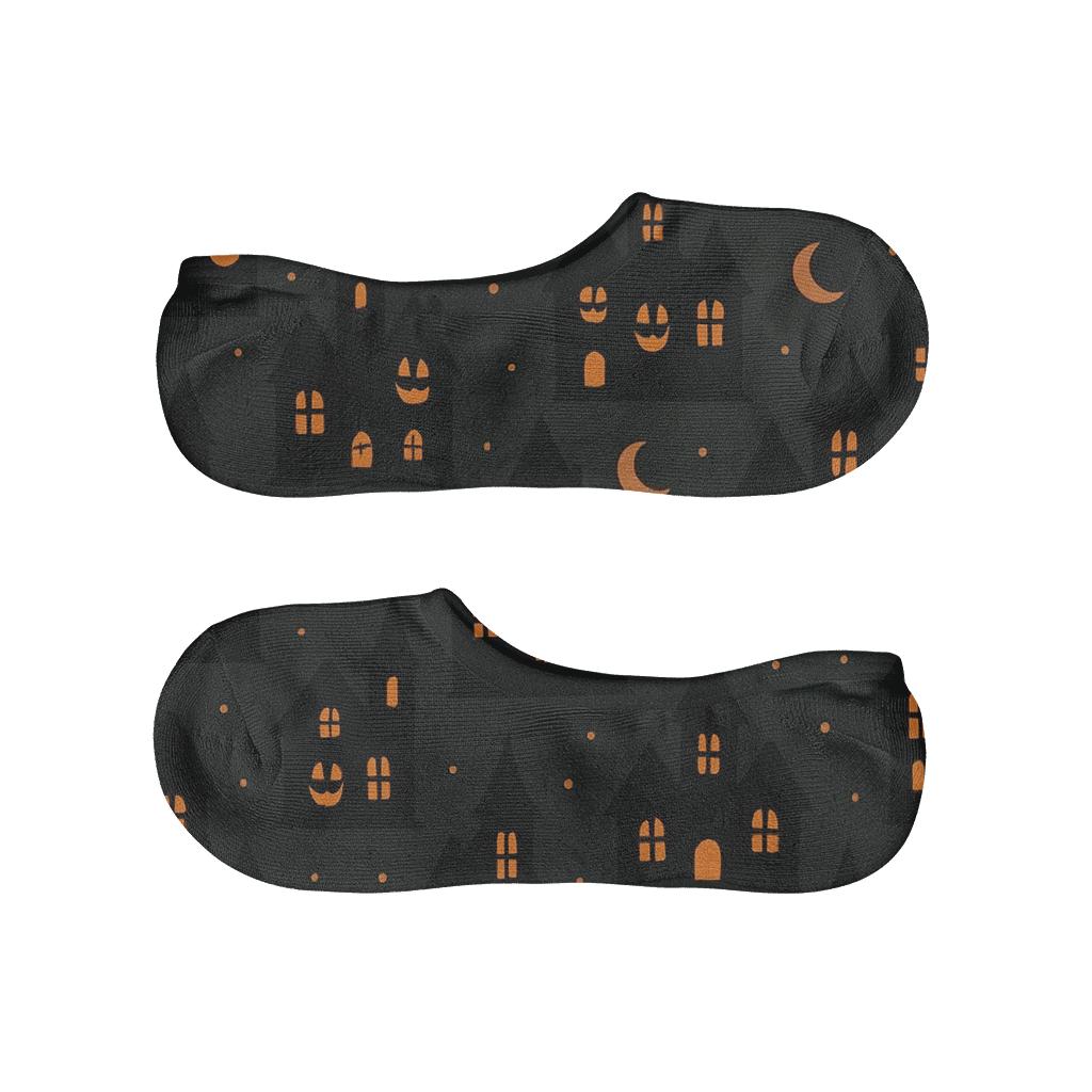 Haunted House Silhouettes With Pumpkin Windows On Black Background comfortable low-cut socks