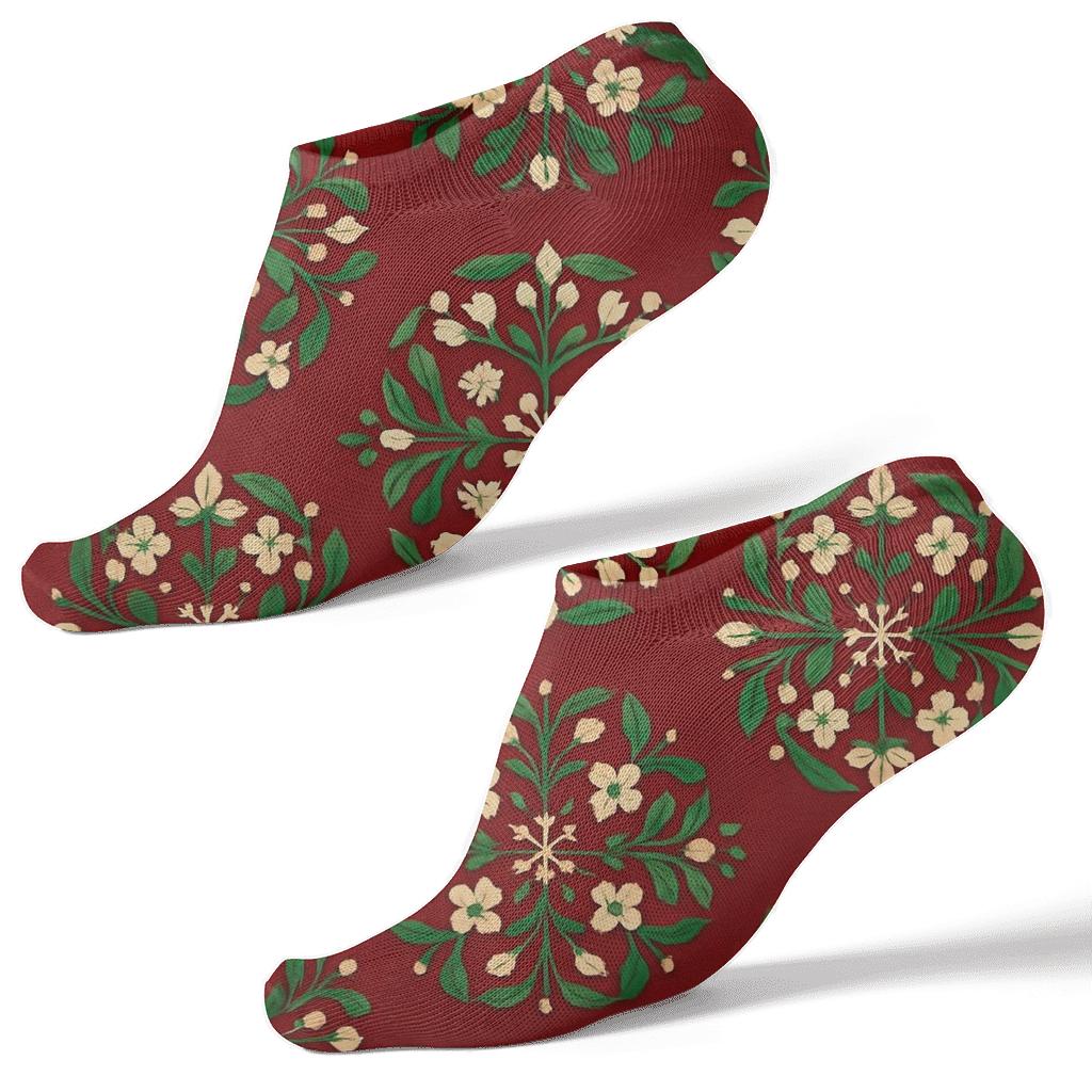 Emerald Mistletoe Snowflake Medallions On Deep Red premium sports ankle socks