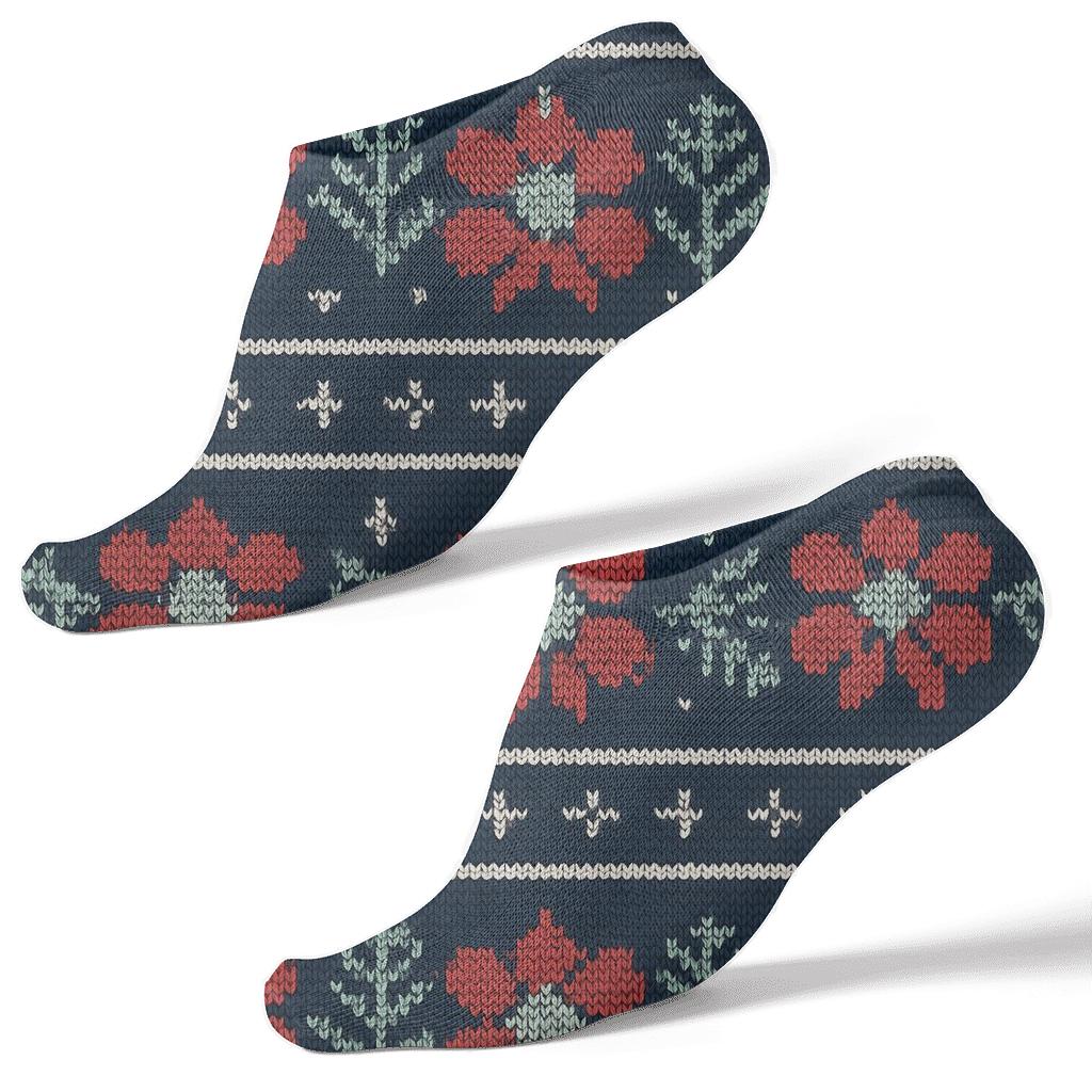 Nordic Knit Christmas Rose Bands On Frosted Navy comfortable cotton ankle socks