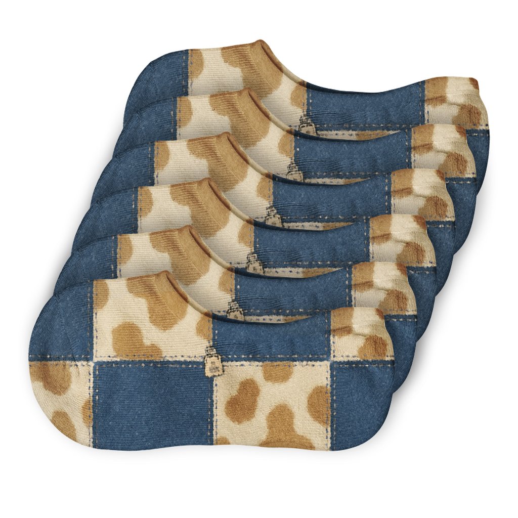 Denim Patch Cowhide Quilt Blocks designer printed no-show socks