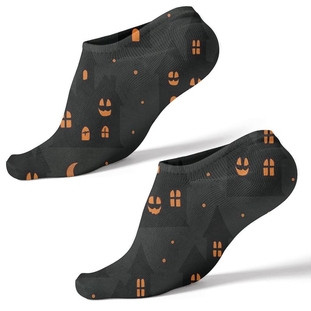 Haunted House Silhouettes With Pumpkin Windows On Black Background custom ankle socks