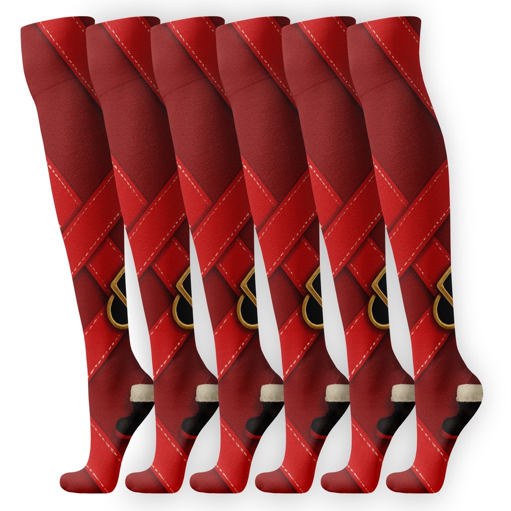 Santa Belt Buckle Lattice On Deep Crimson custom knee-high socks