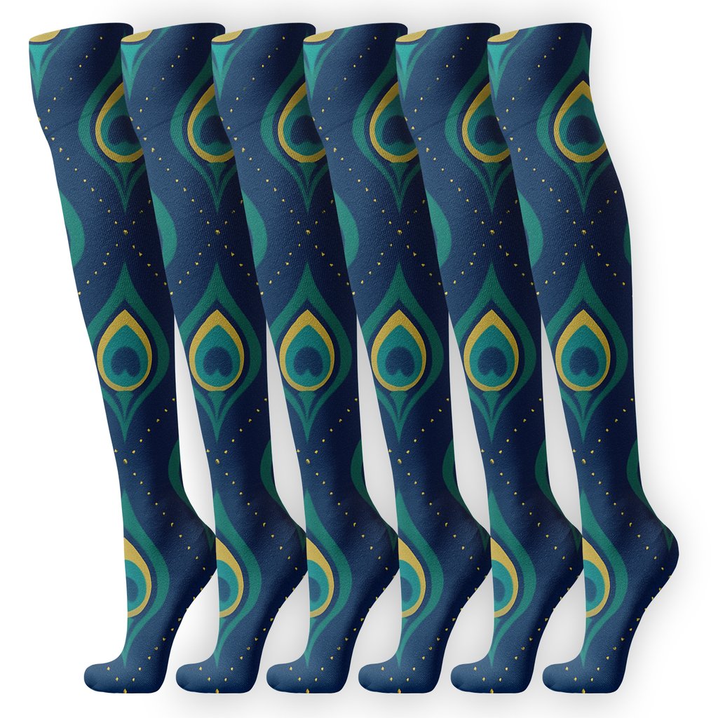 Peacock Constellation Feather Lattice On Midnight Field designer print knee-high socks