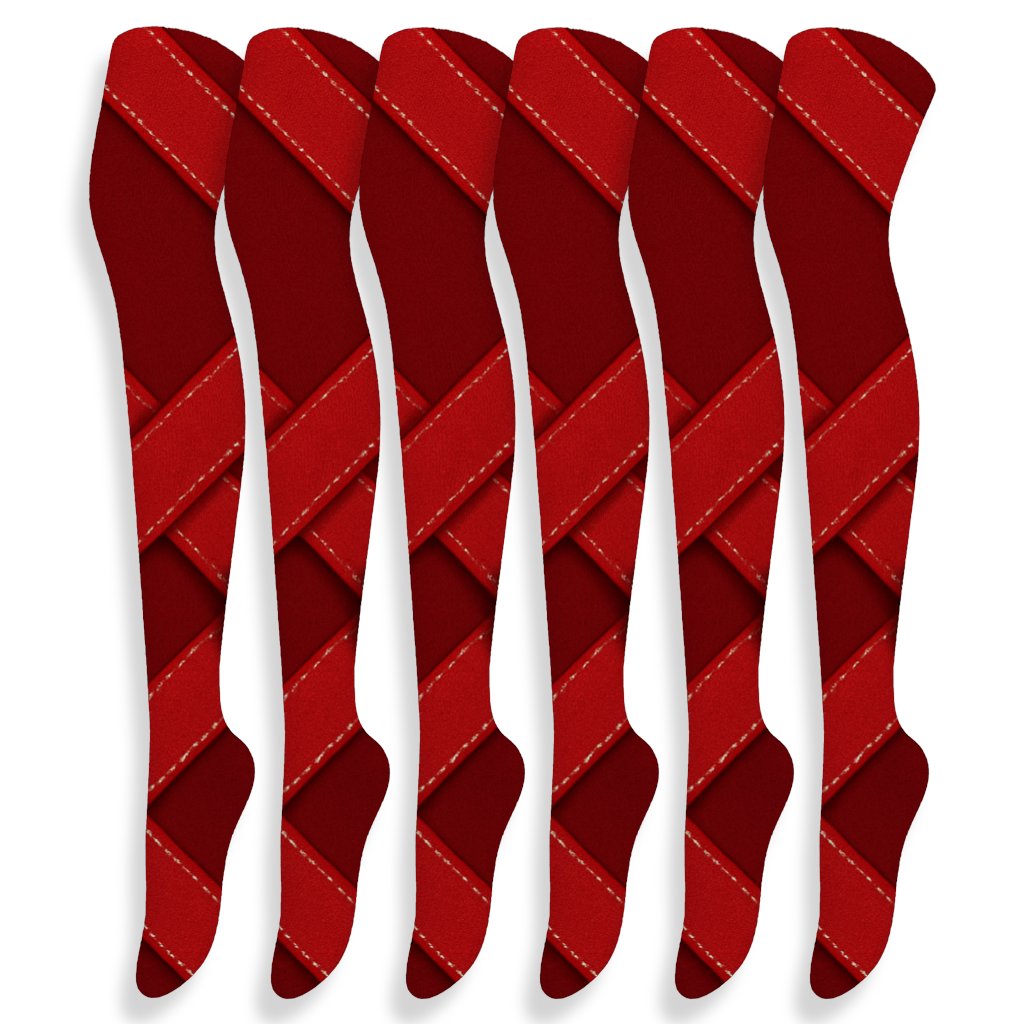 Santa Belt Buckle Lattice On Deep Crimson stylish fashion over-the-knee socks