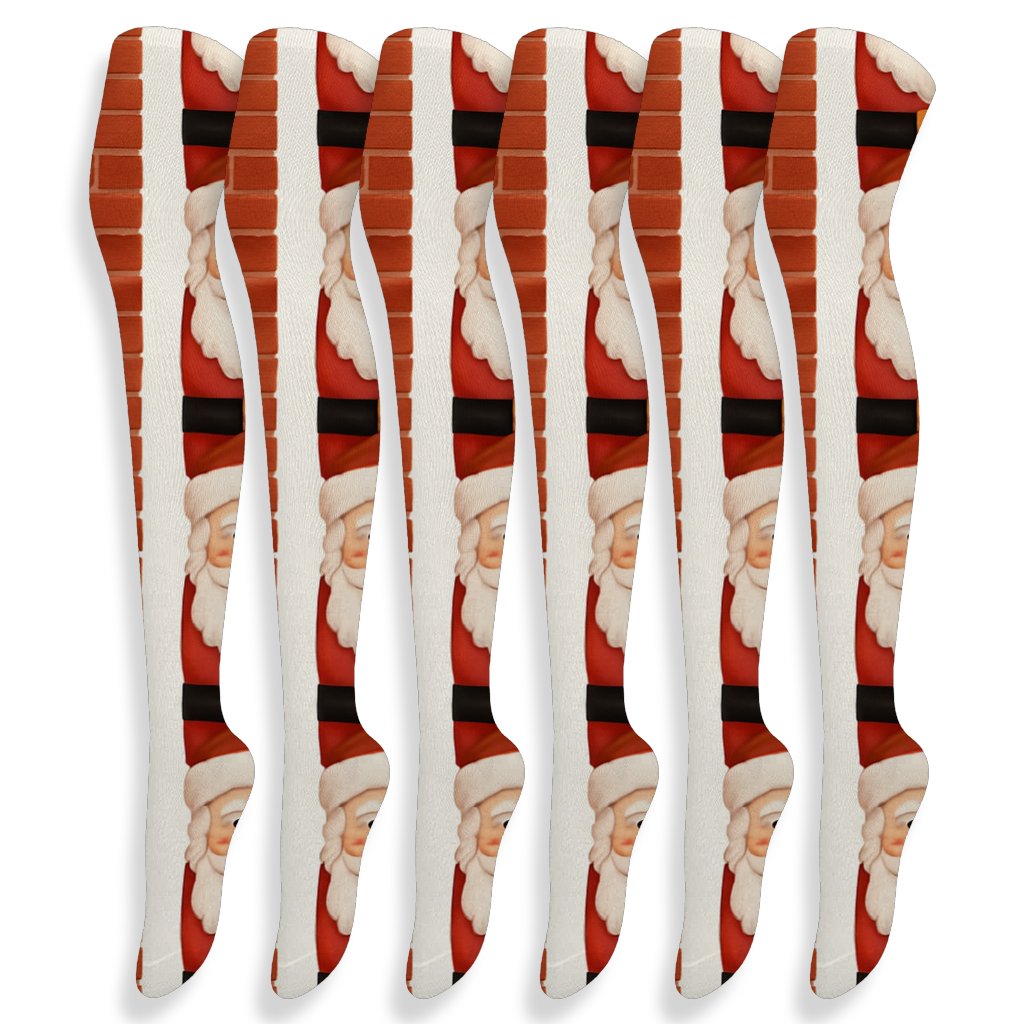 Chimney Strip With Marching Santa Faces trendy patterned over-the-knee socks