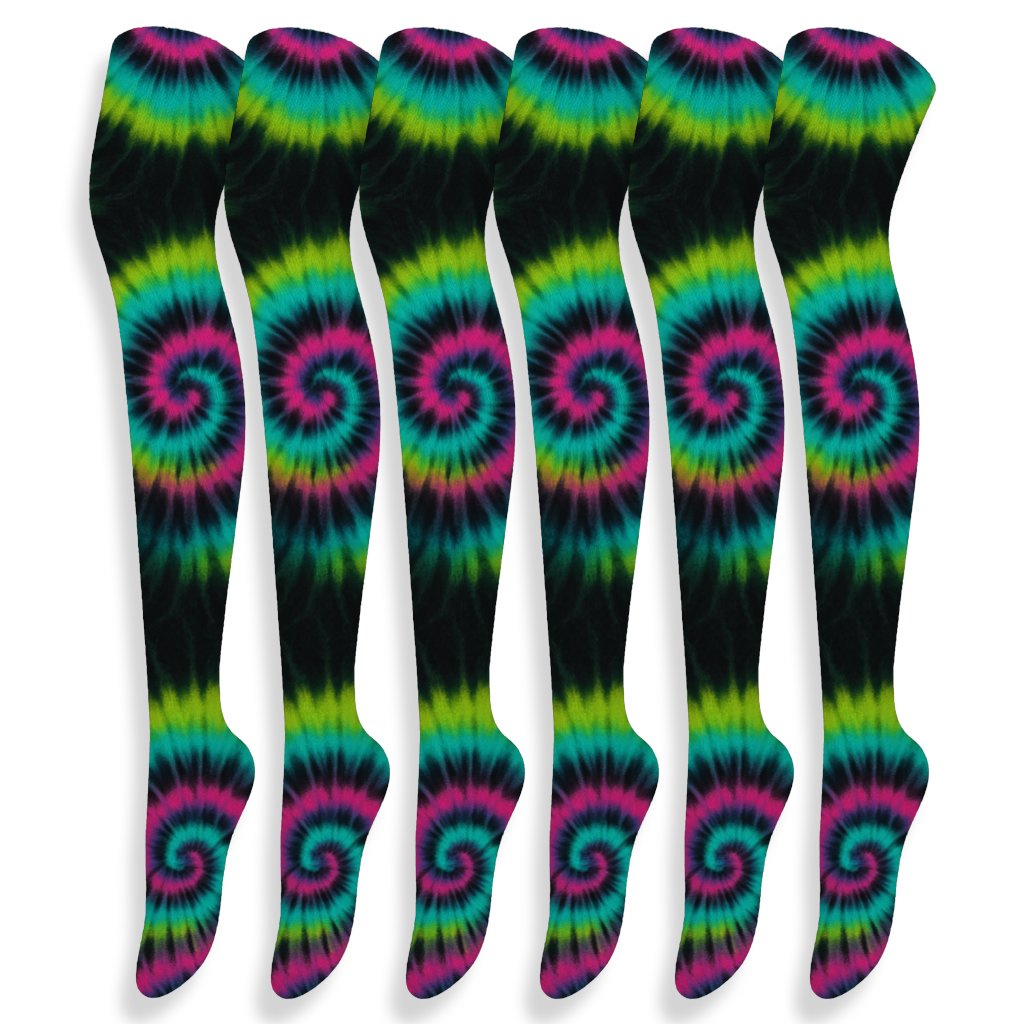 Neon Spiral Lattice On Black Field soft everyday over-the-knee socks