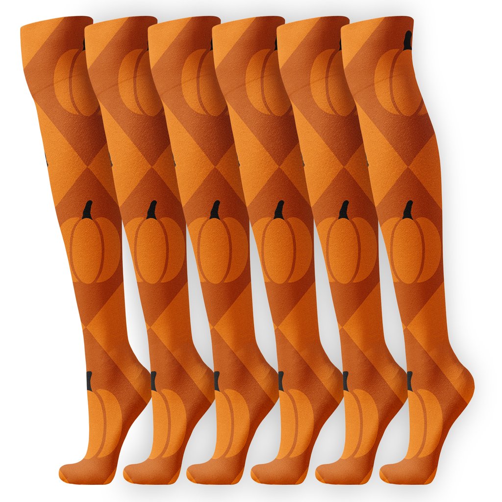 Black Cats And Pumpkin Silhouettes On Orange Background trendy patterned knee-high socks