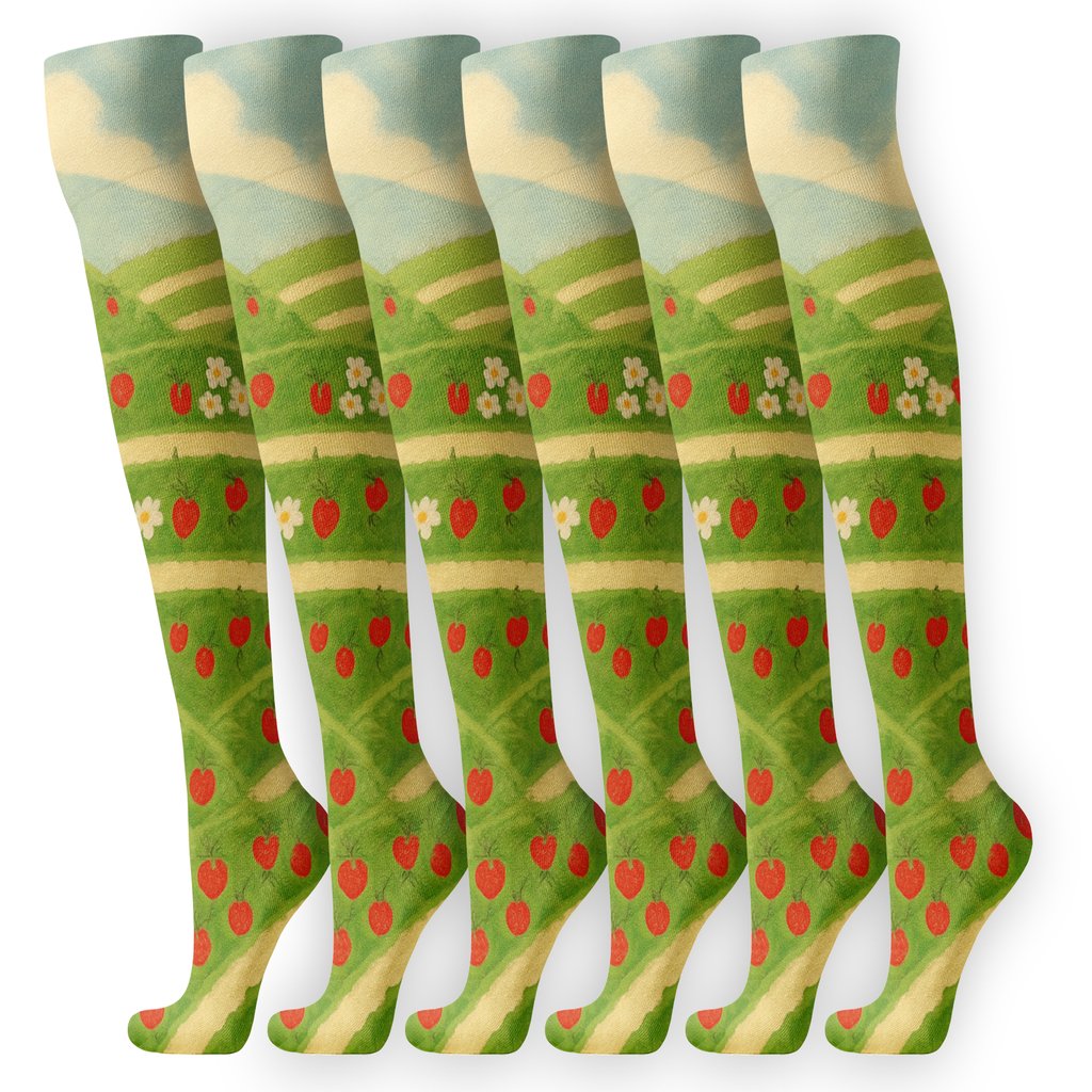 Rolling Strawberry Field Panorama Wrap designer print knee-high socks