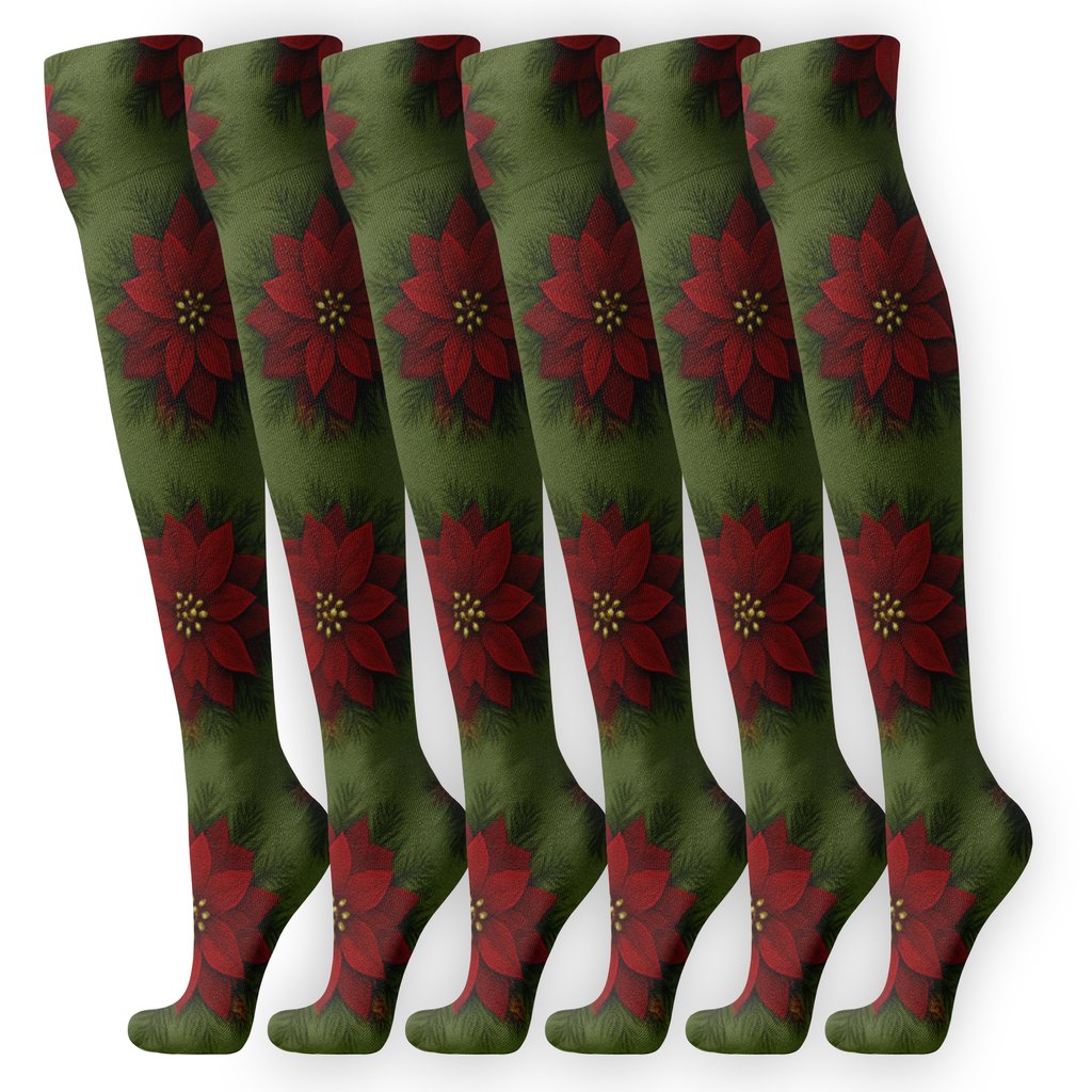 Burgundy Poinsettia Wreath Ring Repeat soft everyday knee-high socks