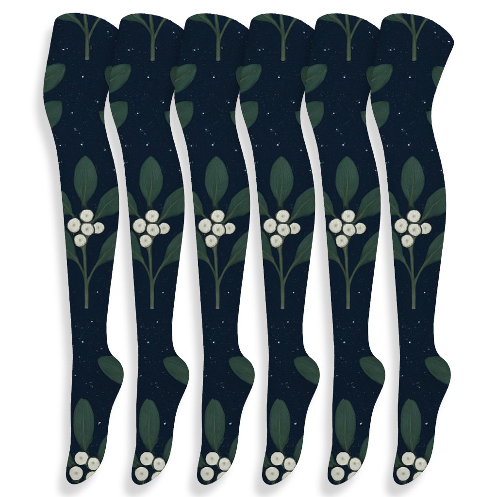 Mistletoe Winter Grid On Midnight Background personalized over-the-knee socks