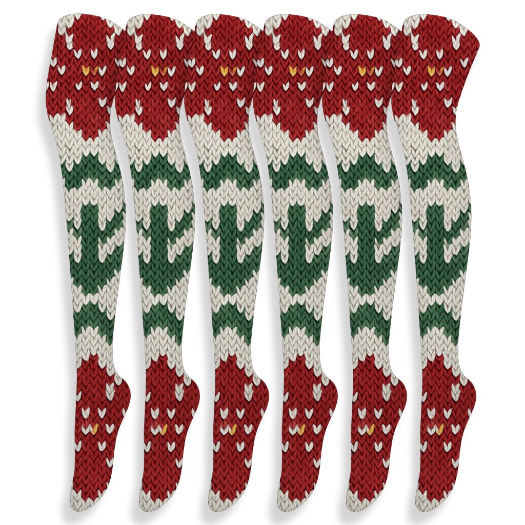 Knitted Poinsettia Nordic Grid trendy patterned over-the-knee socks