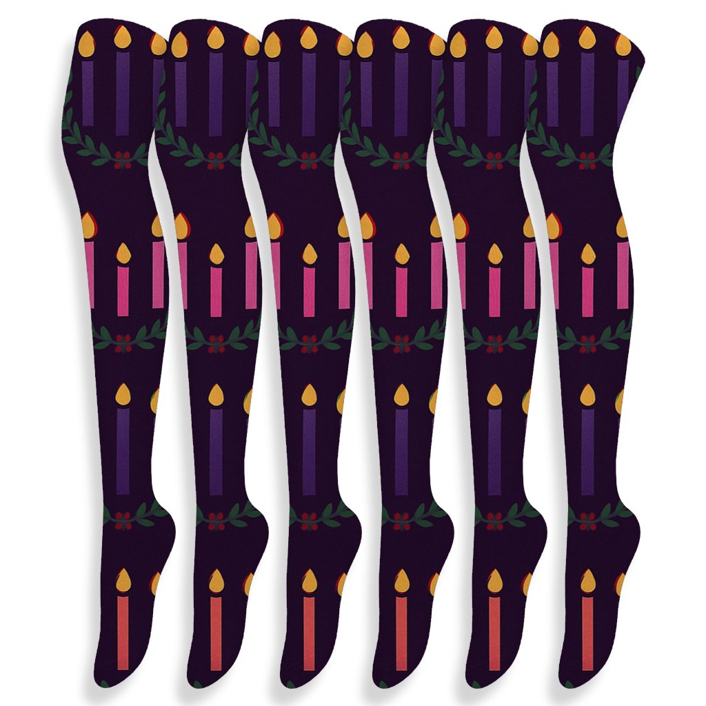 Advent Wreath Candle Halo Lattice On Deep Purple Night unique graphic over-the-knee socks