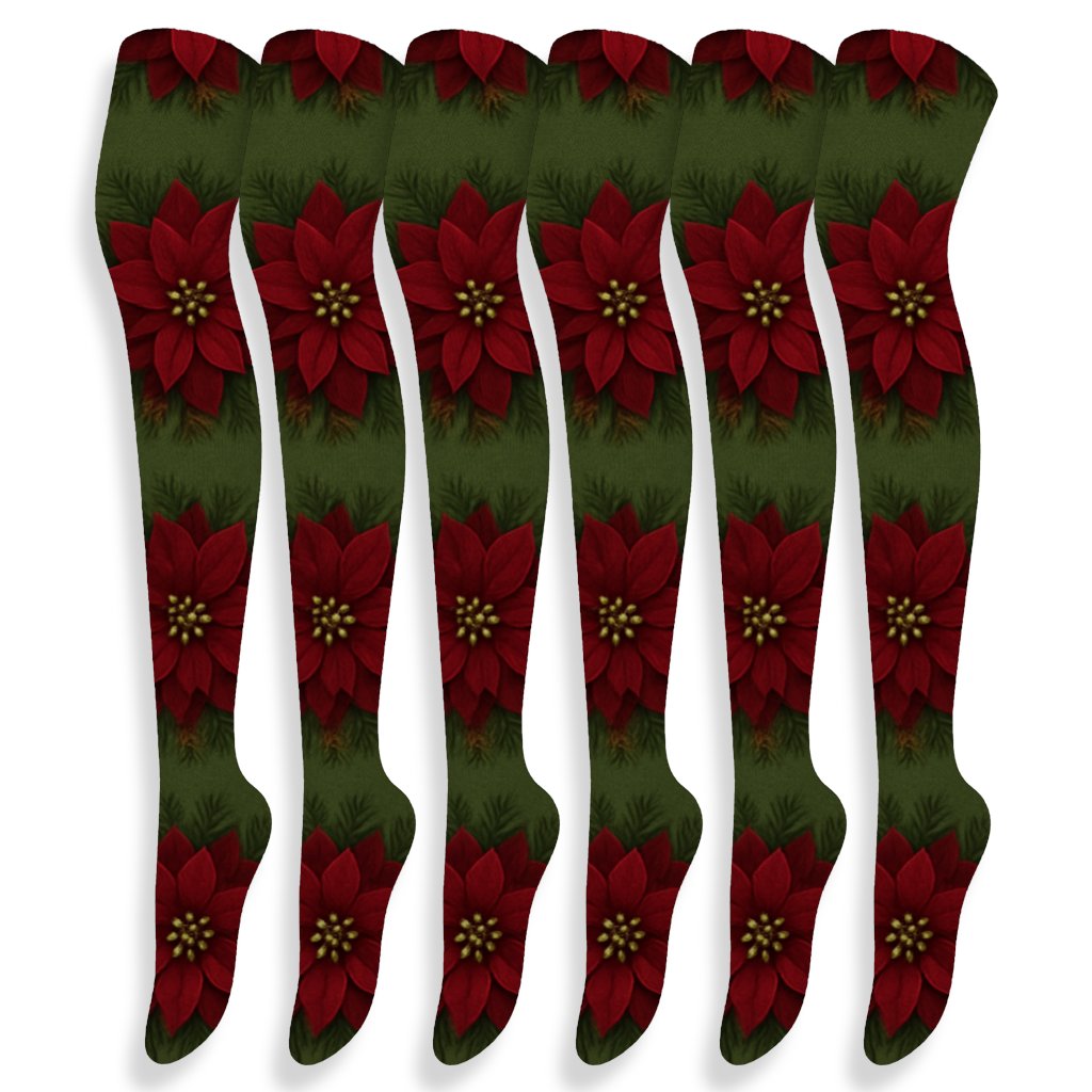 Burgundy Poinsettia Wreath Ring Repeat designer print over-the-knee socks