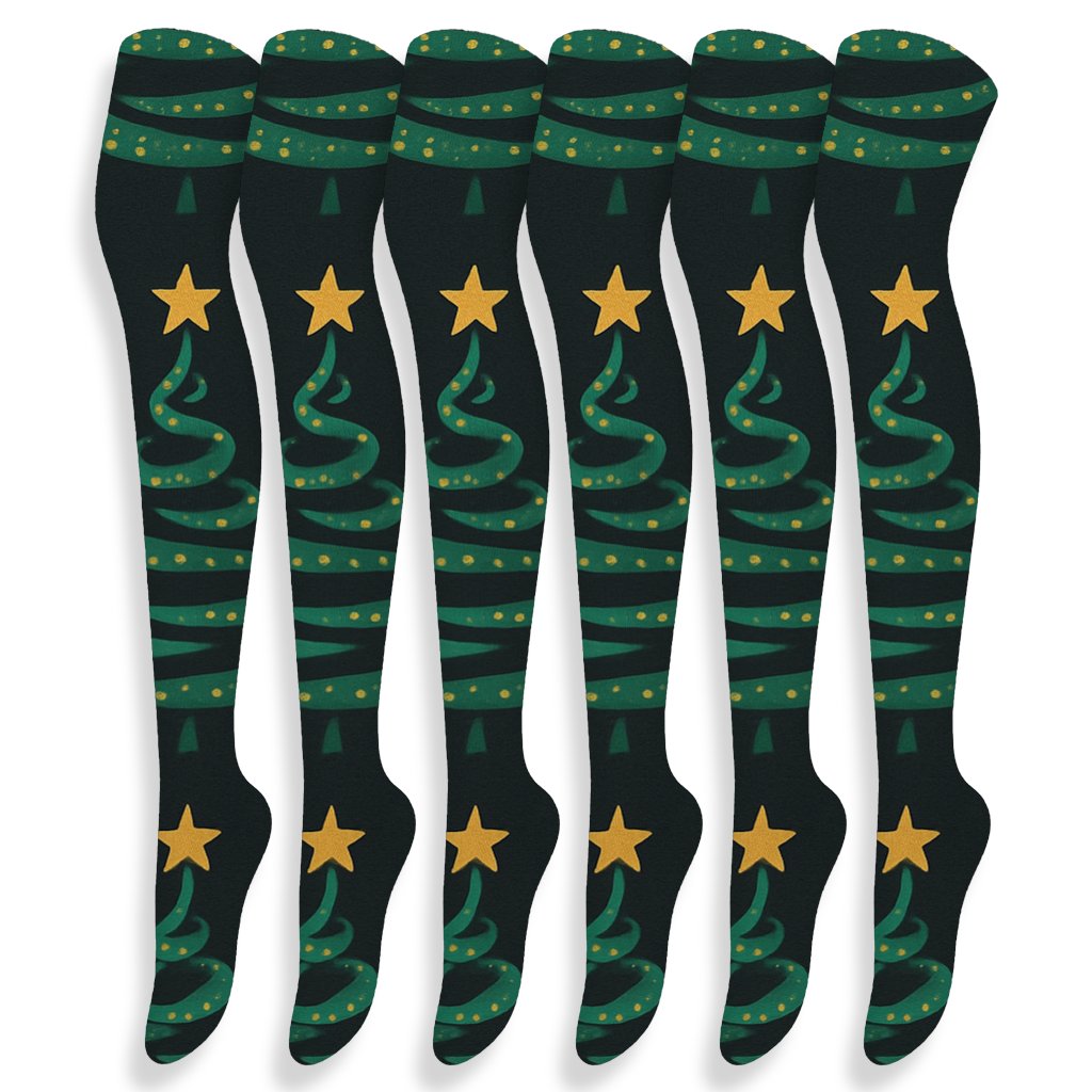 Star Topped Tree Holiday Spiral Field soft everyday over-the-knee socks