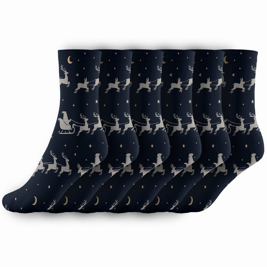 Midnight Sleigh Ride Xmas Silhouette Wave designer printed crew socks