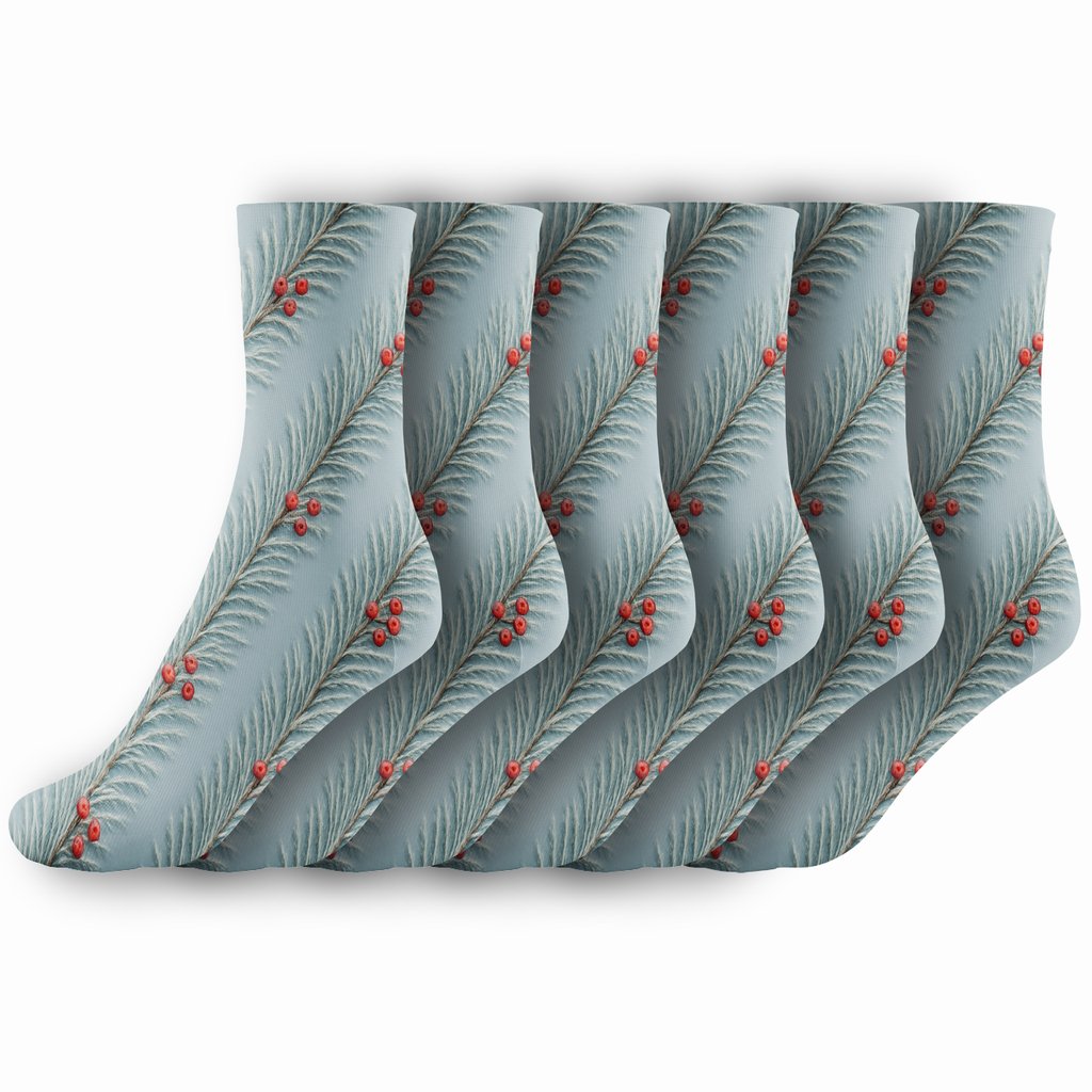 Frosted Pine Branch Xmas Diagonal trendy patterned crew socks