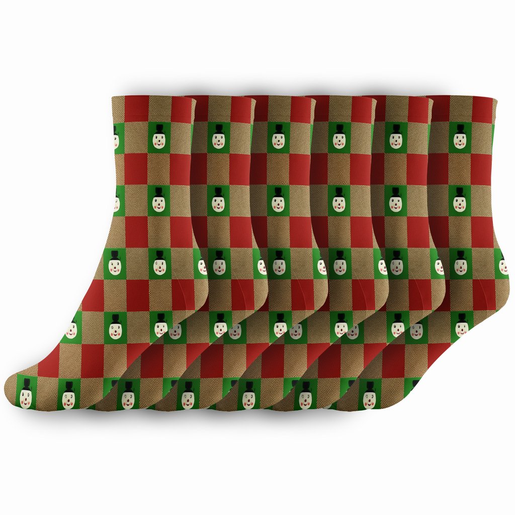 Gingham Snowman Picnic Xmas Check unique graphic crew socks