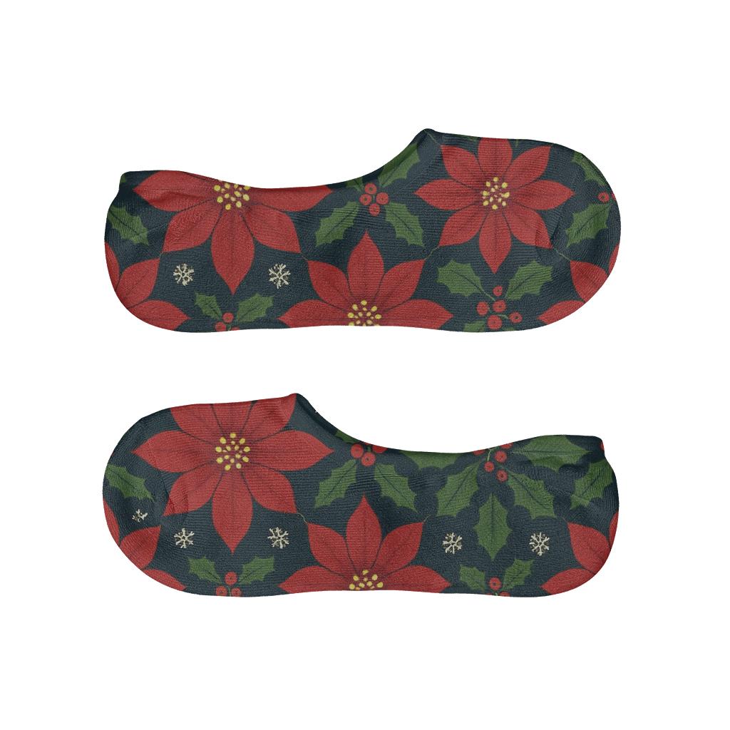 Crimson Poinsettia Lattice On Midnight Snow trendy no-show sock styles