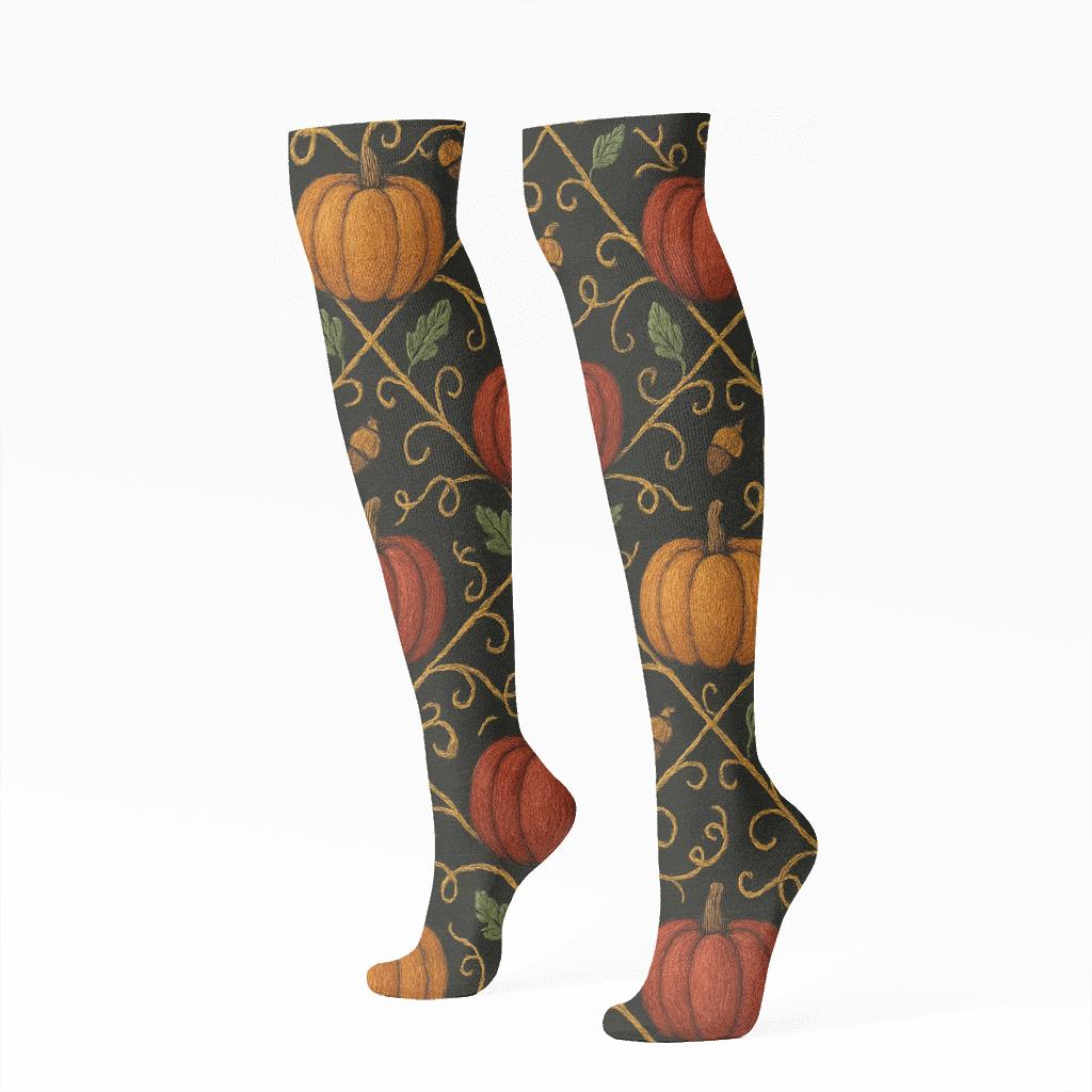 Pumpkin Patch Lattice On Midnight Field premium sports knee-high socks