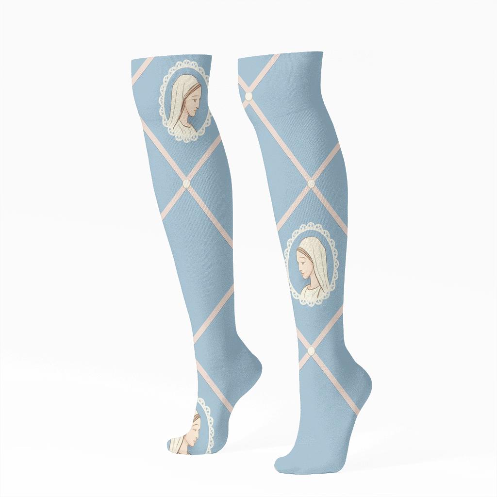 Mary Cameo Ribbon Lattice On Sky Blue unique graphic knee-high socks