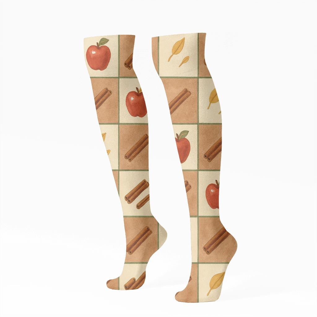 Cinnamon Apple Checker On Cream comfortable cotton knee-high socks