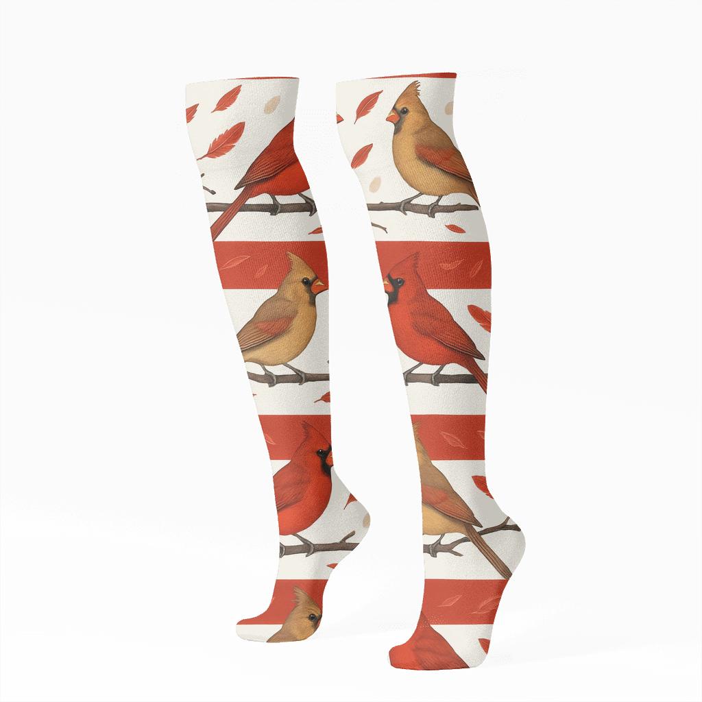 Cardinal Branch Bands On Winter White designer print knee-high socks