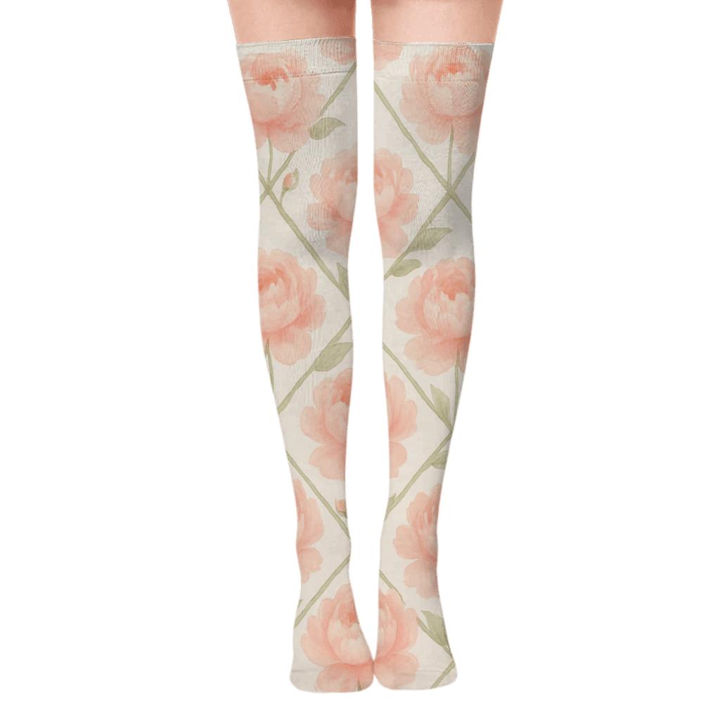 Pastel Peony Trellis On Dove White designer print over-the-knee socks