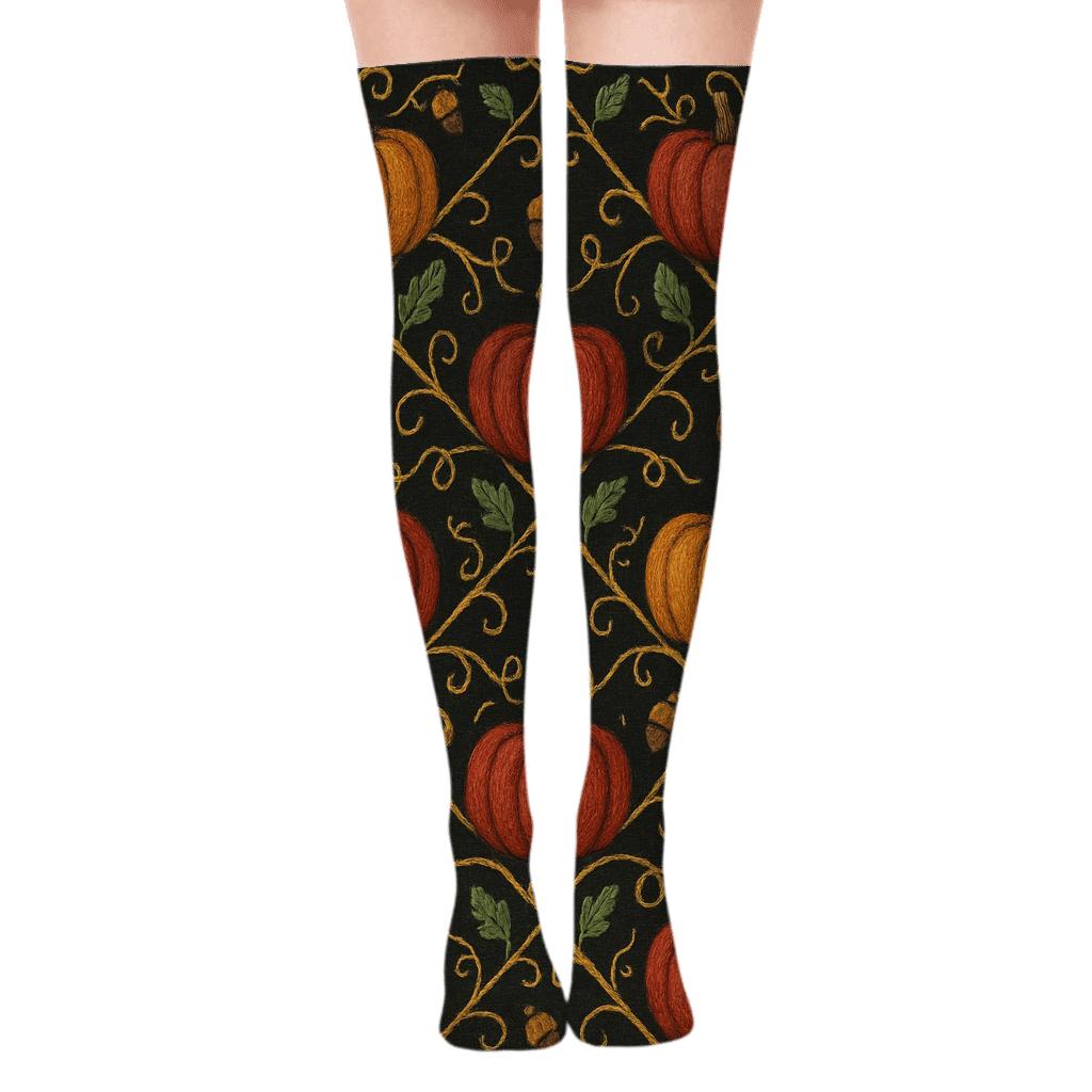 Pumpkin Patch Lattice On Midnight Field designer print over-the-knee socks
