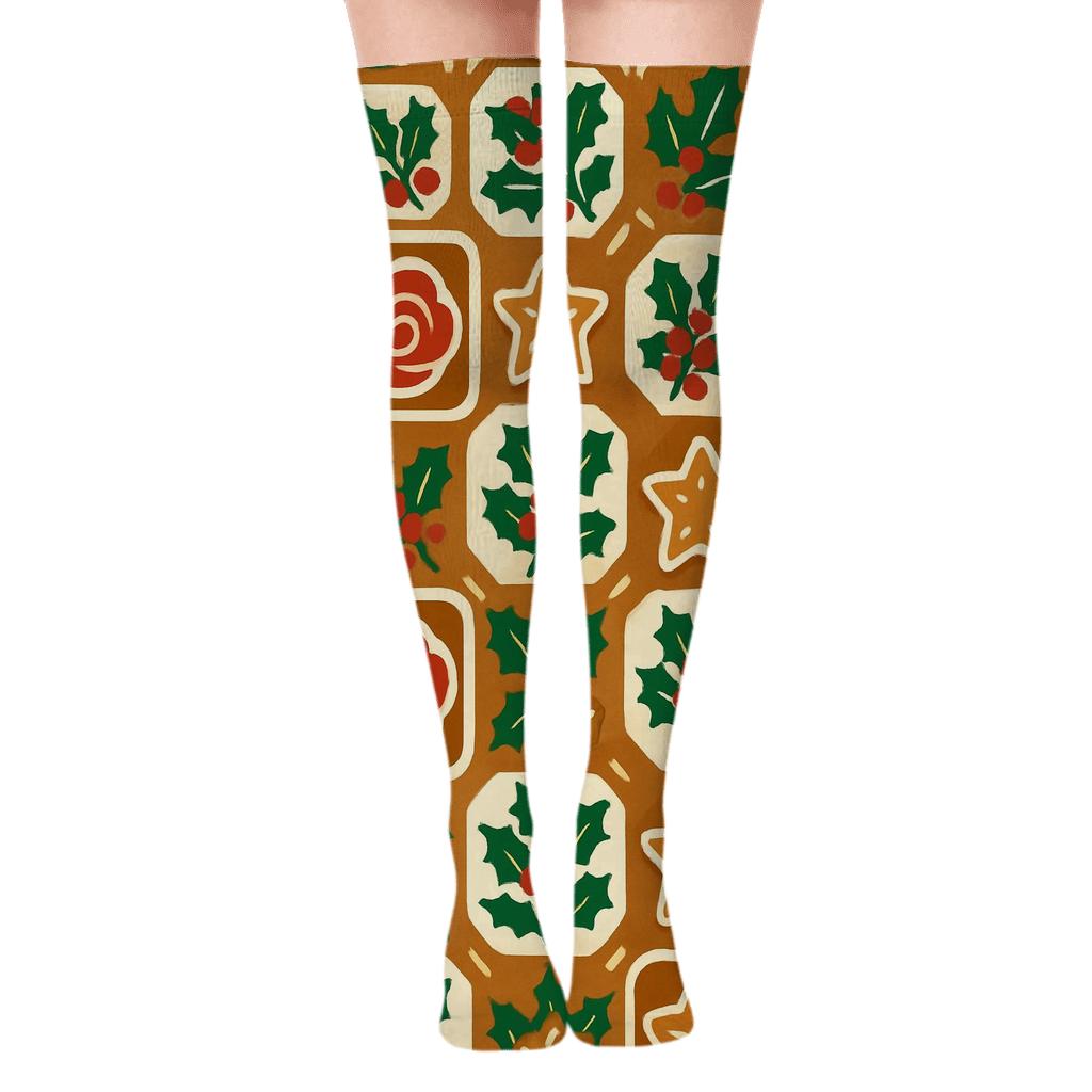 Gingerbread Christmas Rose Patchwork Tiles premium cozy over-the-knee socks