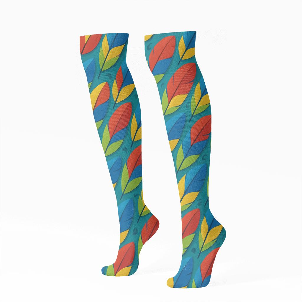 Tropical Parrot Plumage Mosaic On Turquoise comfortable cotton knee-high socks