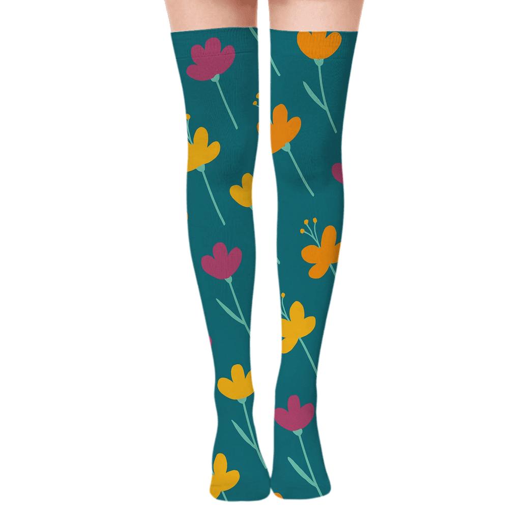 Tropical Wildflower Drift On Ocean Teal personalized over-the-knee socks