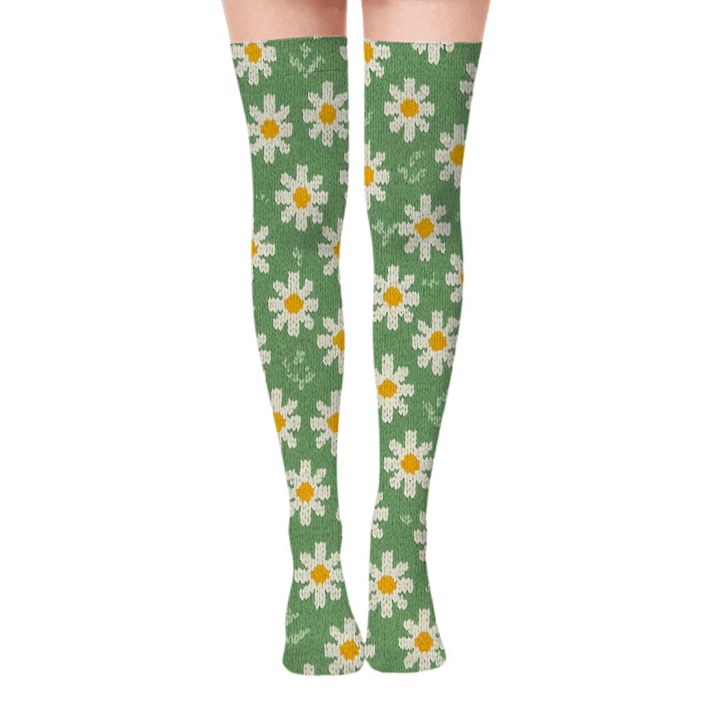 Knitted Daisy Meadow Illusion unique graphic over-the-knee socks