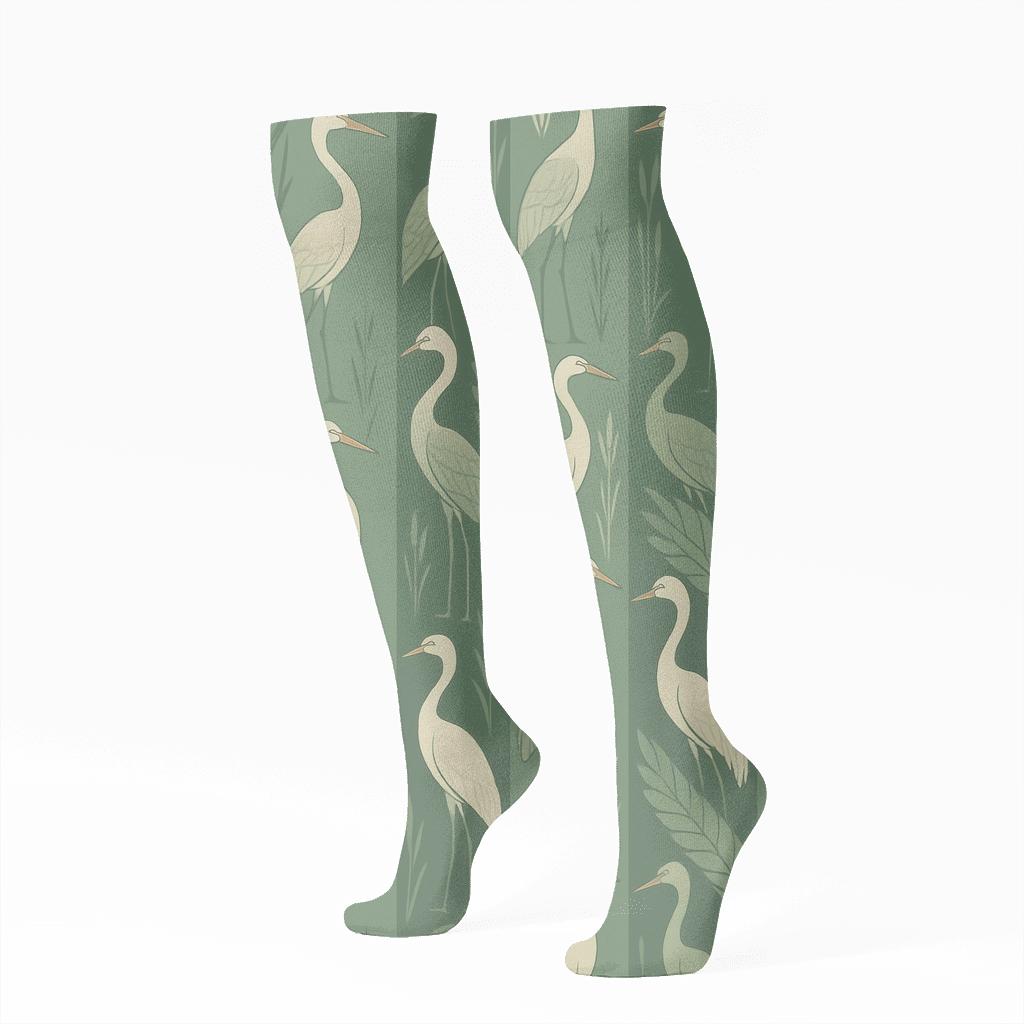 Cranes In Reeding Stripes On Misty Green trendy patterned knee-high socks