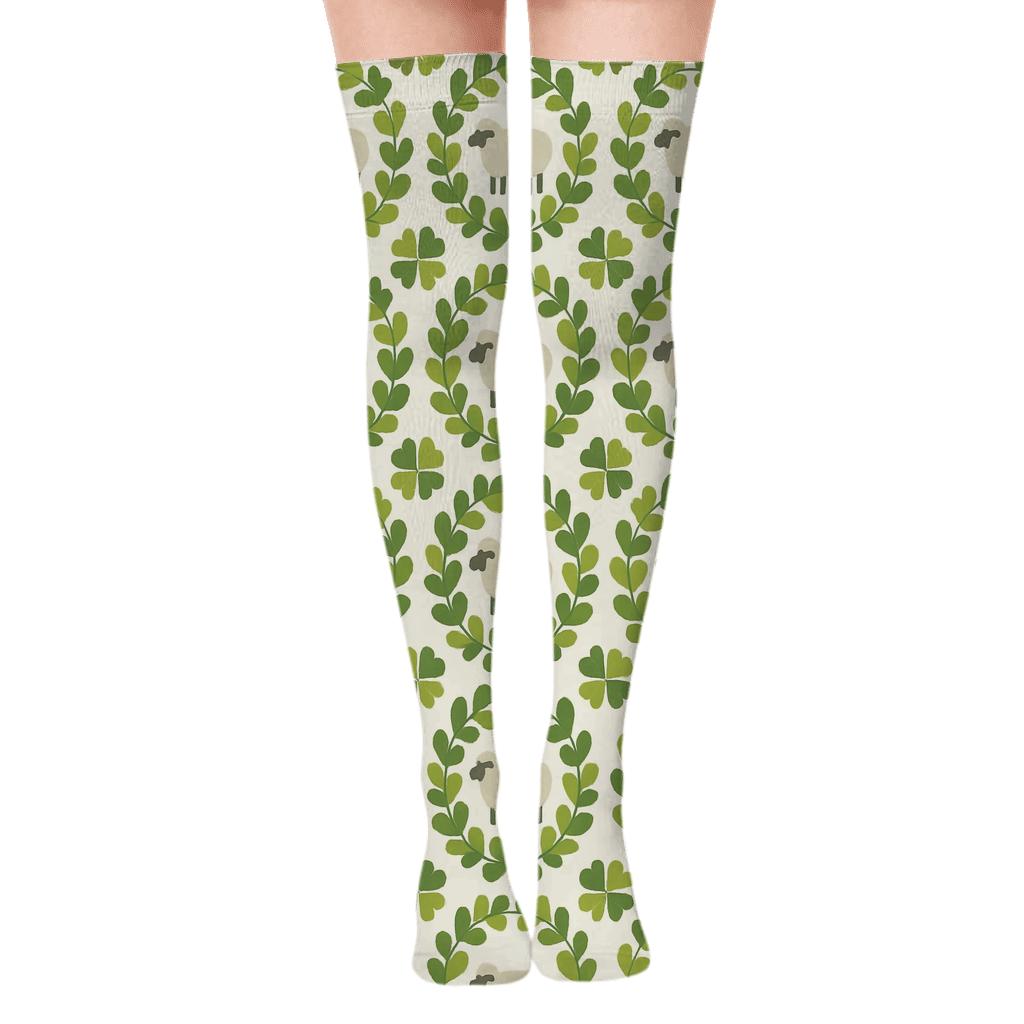 Clover Ring Meadow Dance Sheep designer print over-the-knee socks