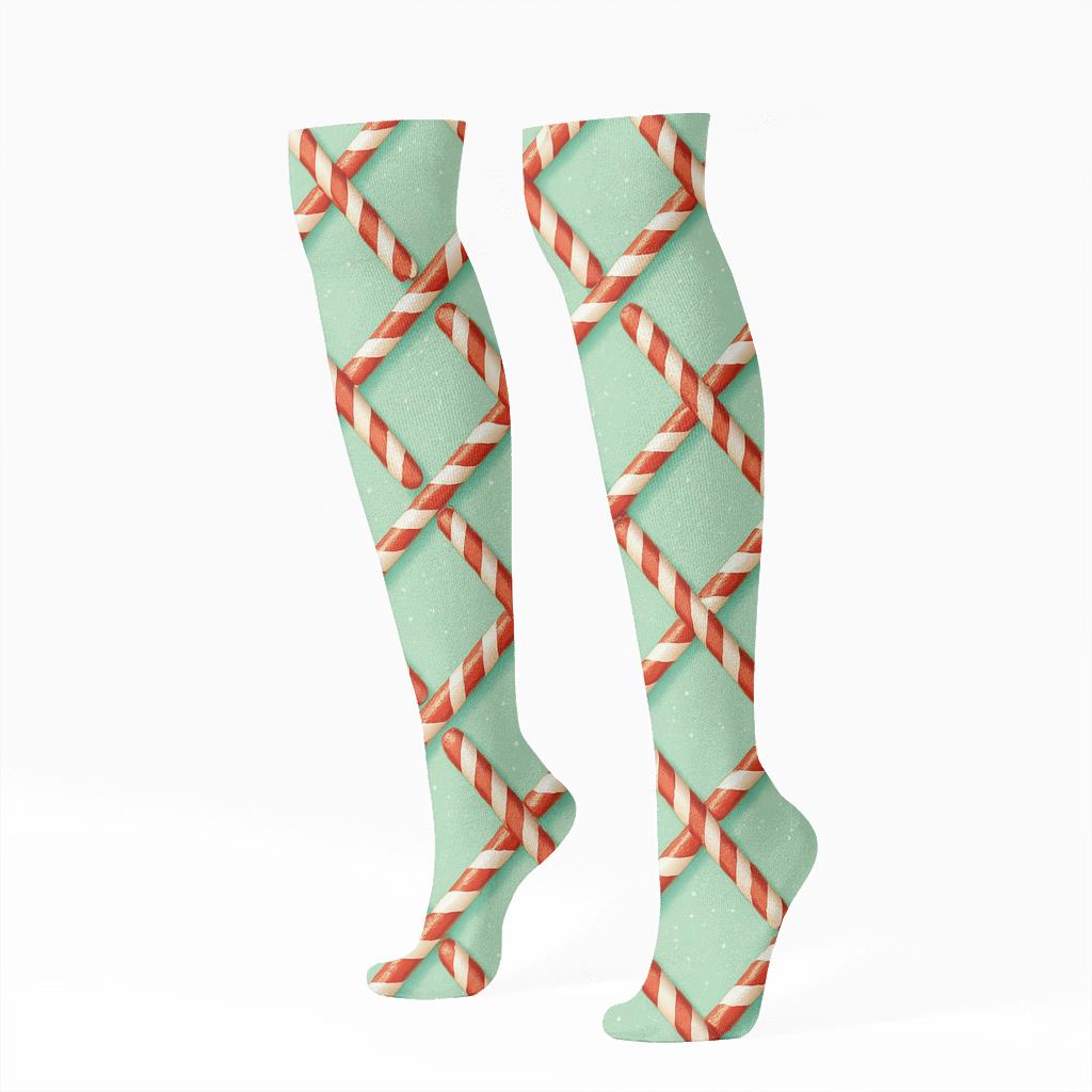 Candy Canes Lattice On Winter Mint Ground premium sports knee-high socks