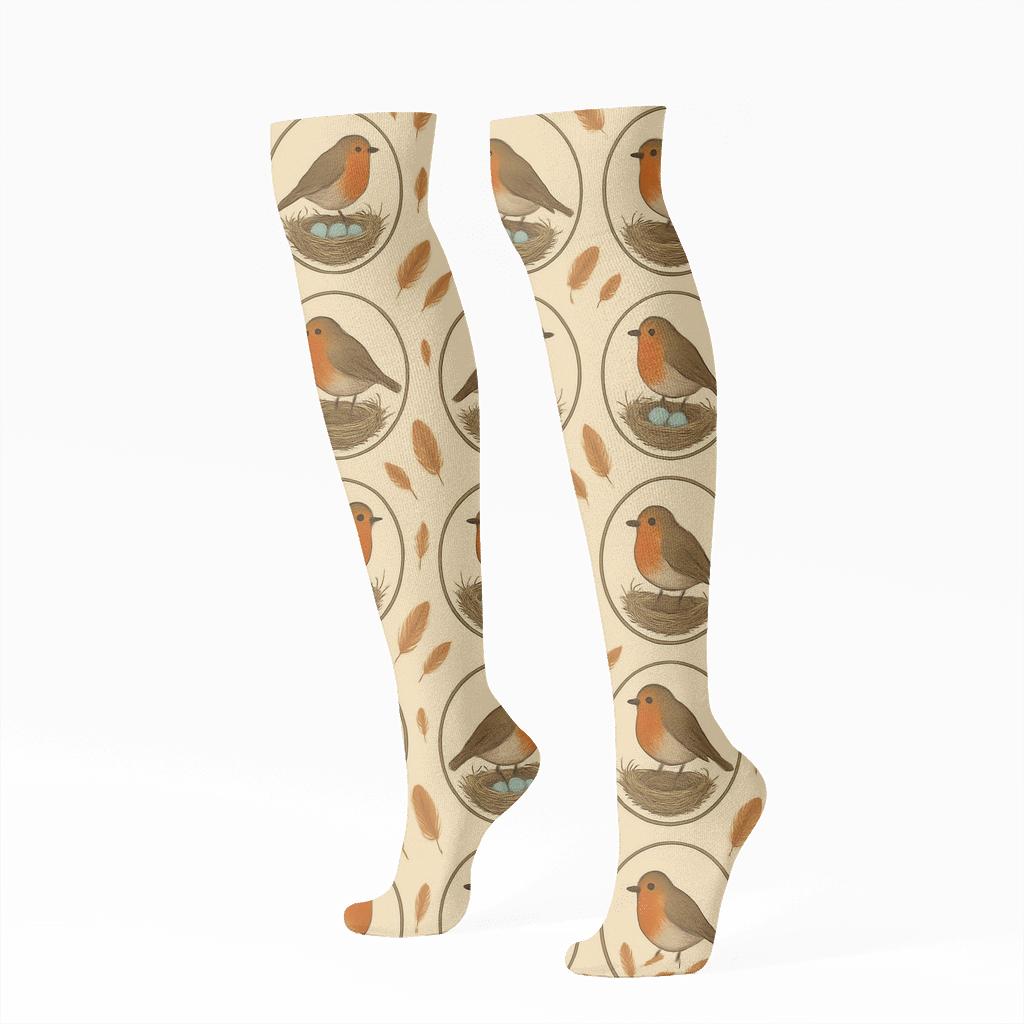 Robin Nest Ring Medallions On Warm Beige trendy patterned knee-high socks