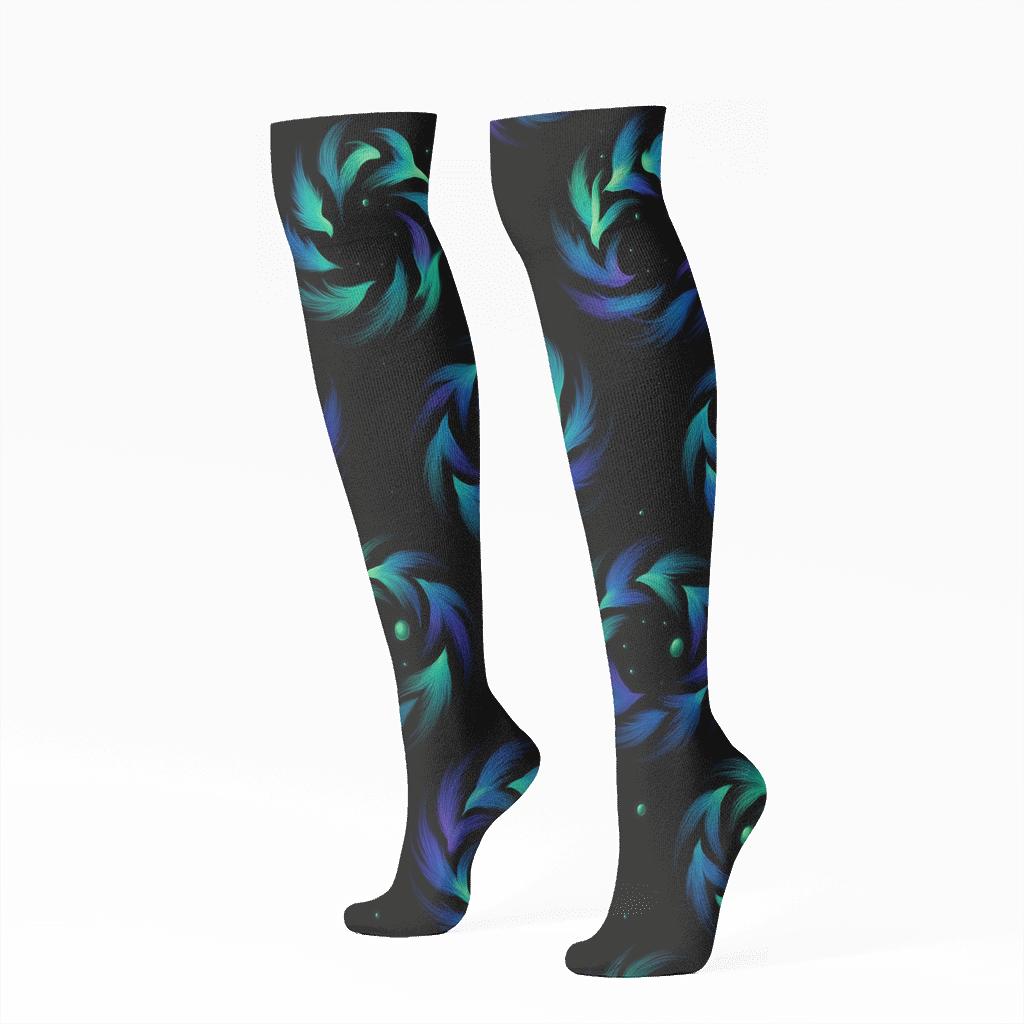 Fantasy Aurora Bird Spiral On Black personalized knee-high socks