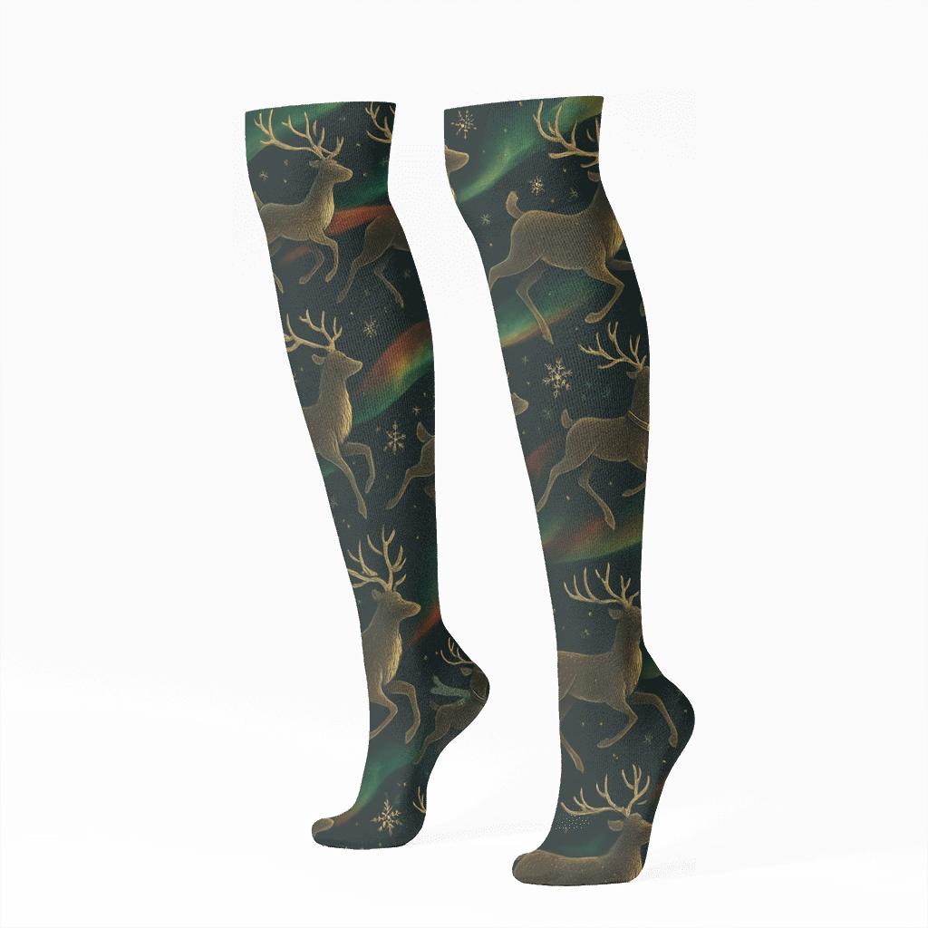 Aurora-Glazed Reindeer Collage Parade comfortable cotton knee-high socks